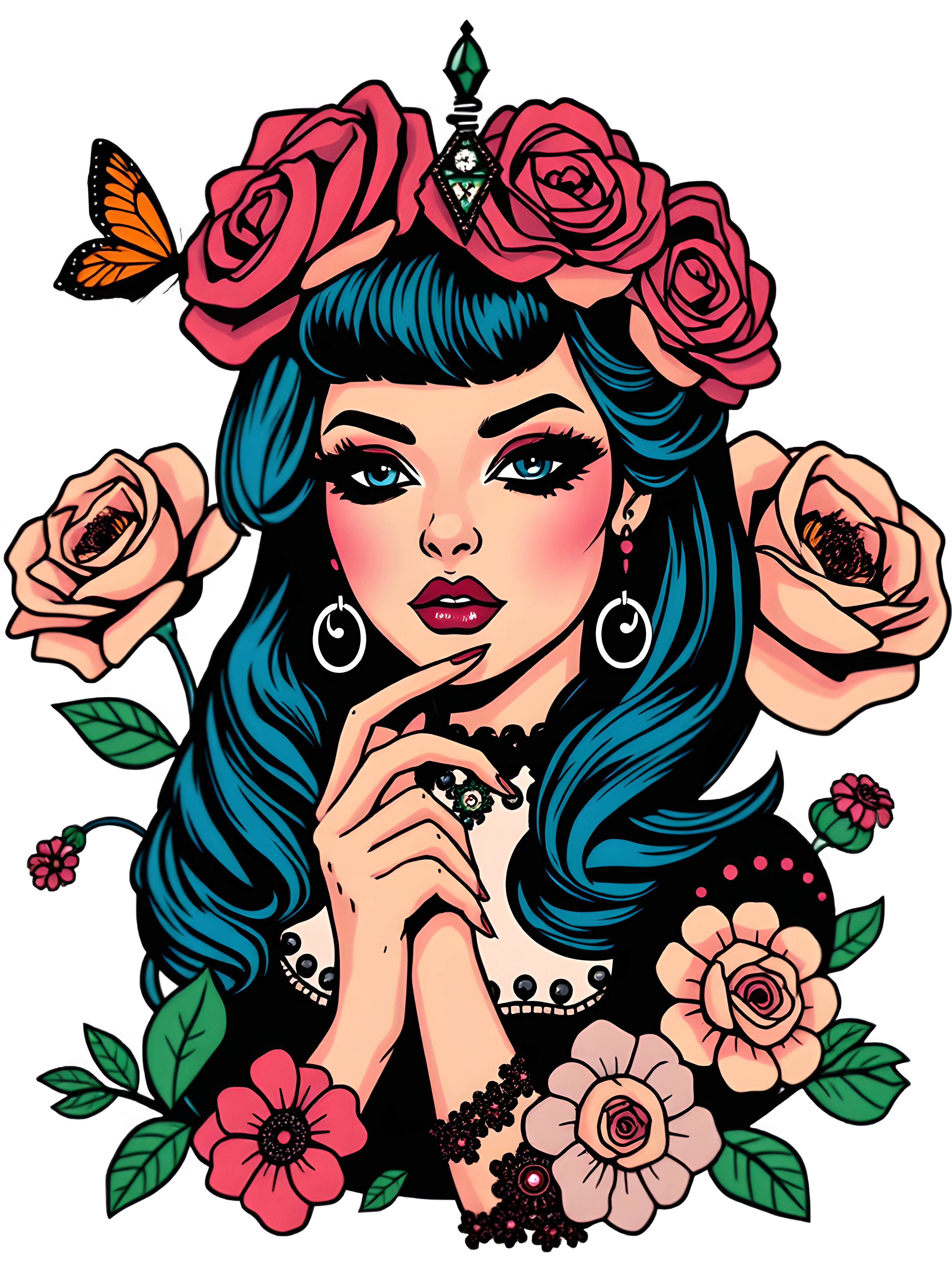 Floral Girl with Blue Hair and Butterfly