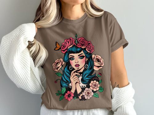 Butterfly and Roses Graphic T-Shirt with Illustrated Woman