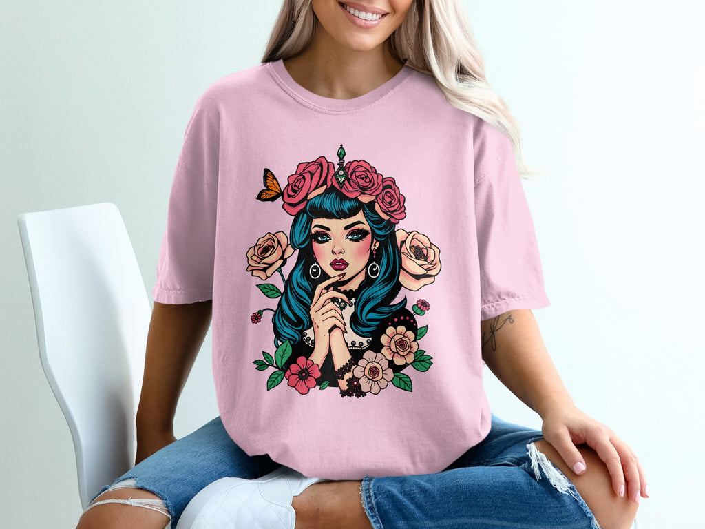 Floral Hair Lady Graphic Tee with Pink Roses Design