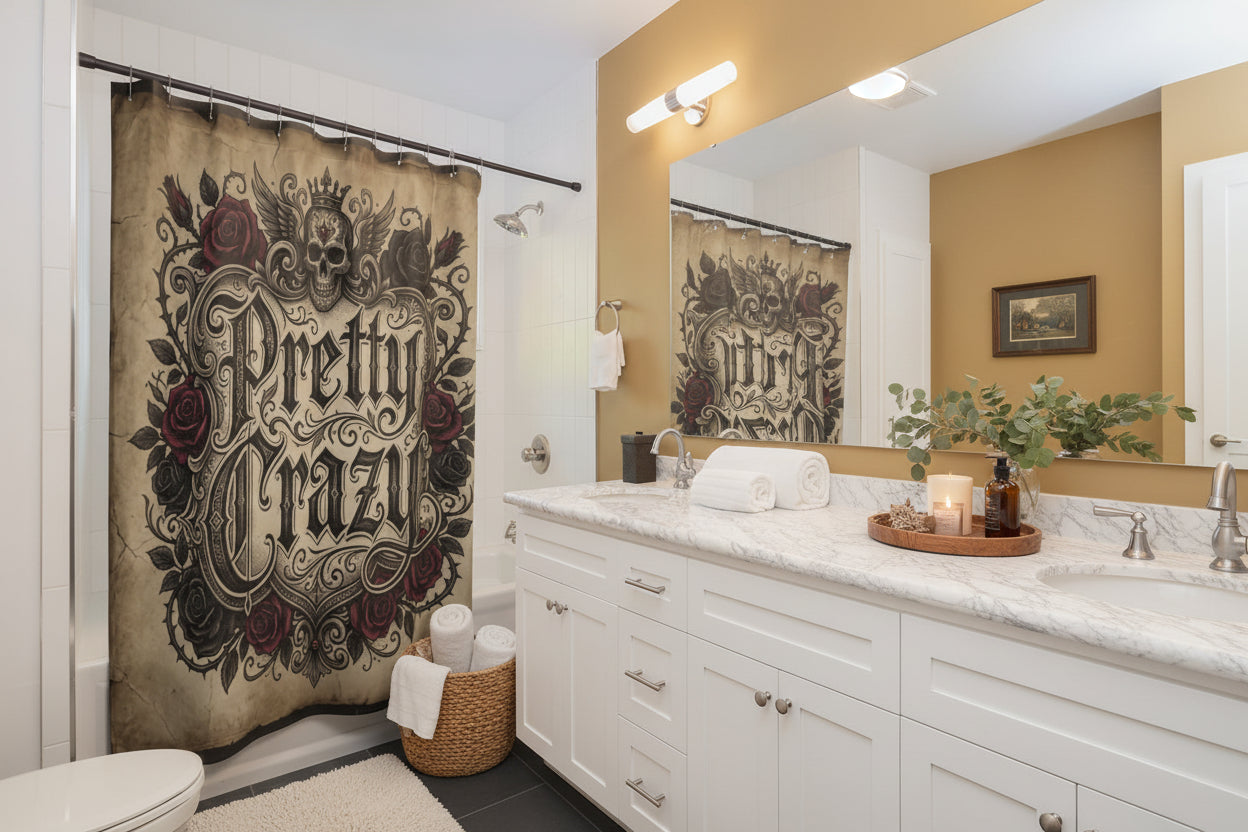 Pretty Crazy Skull Crown Wings Roses Ornate Gothic product type
Shower Curtain
Pretty Crazy
Gothic
Skull
Roses
Red Roses
Black Roses
Crown
Wings
Ornate
Vintage Style
Tattoo Art
Bathroom Decor
Unique Design
Dark Aesthetic
Home Decor
Rock Roll Style
Parchment Look
Fantasy Art
Decorative Curtain