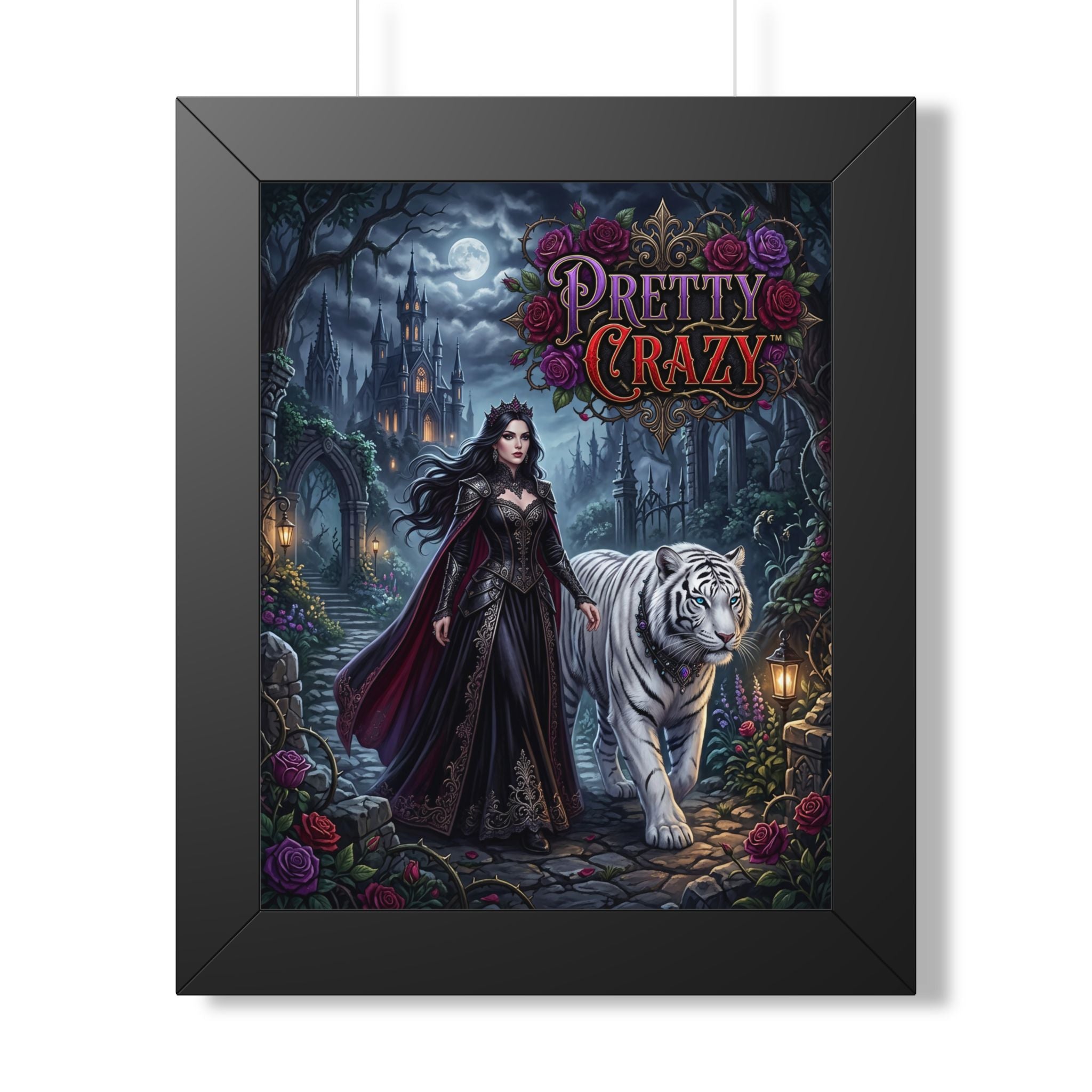 Woman in black dress with white tiger in moonlit castle garden.