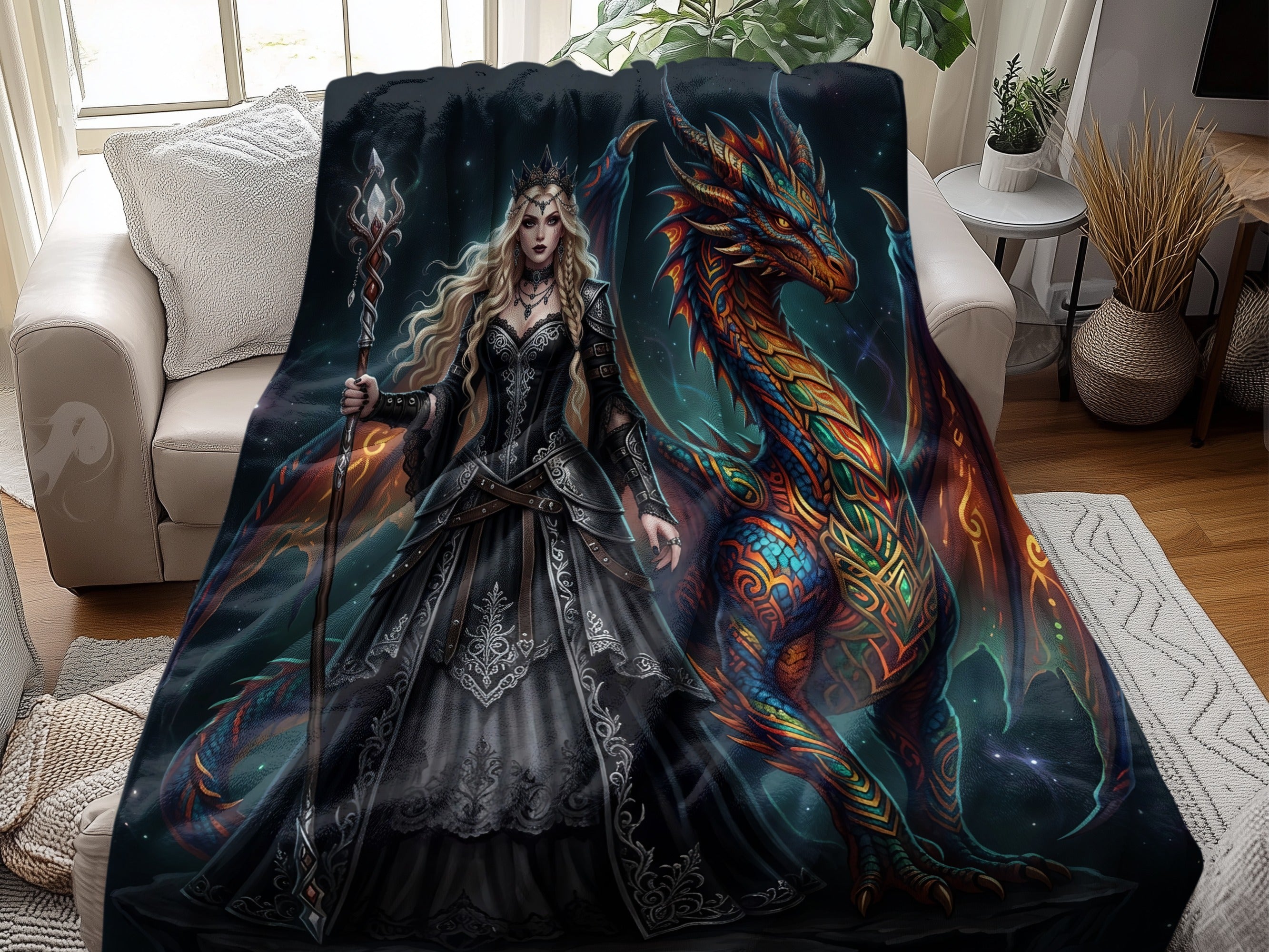 Dragon and crowned woman with staff on ornate blanket.