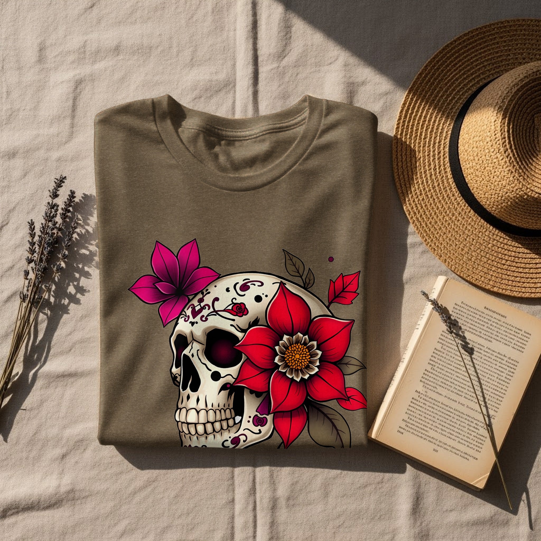 Colorful Skull and Flowers Graphic Design Shirt