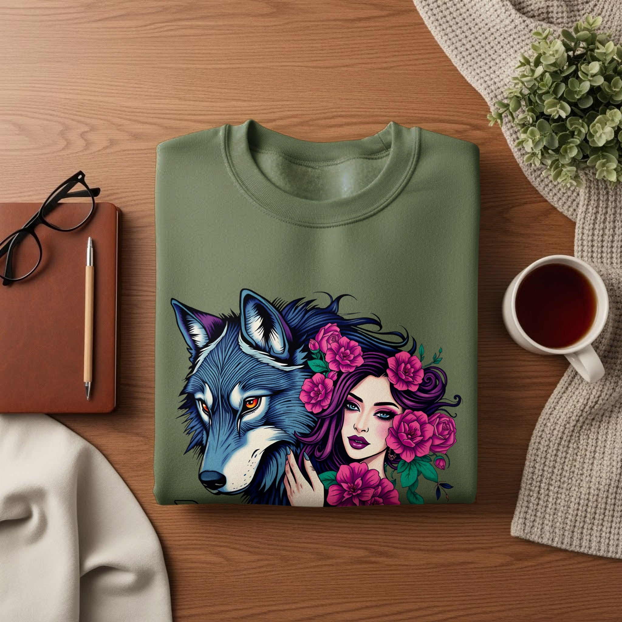 Mystic Wolf Woman Flowers Sweatshirt product type
