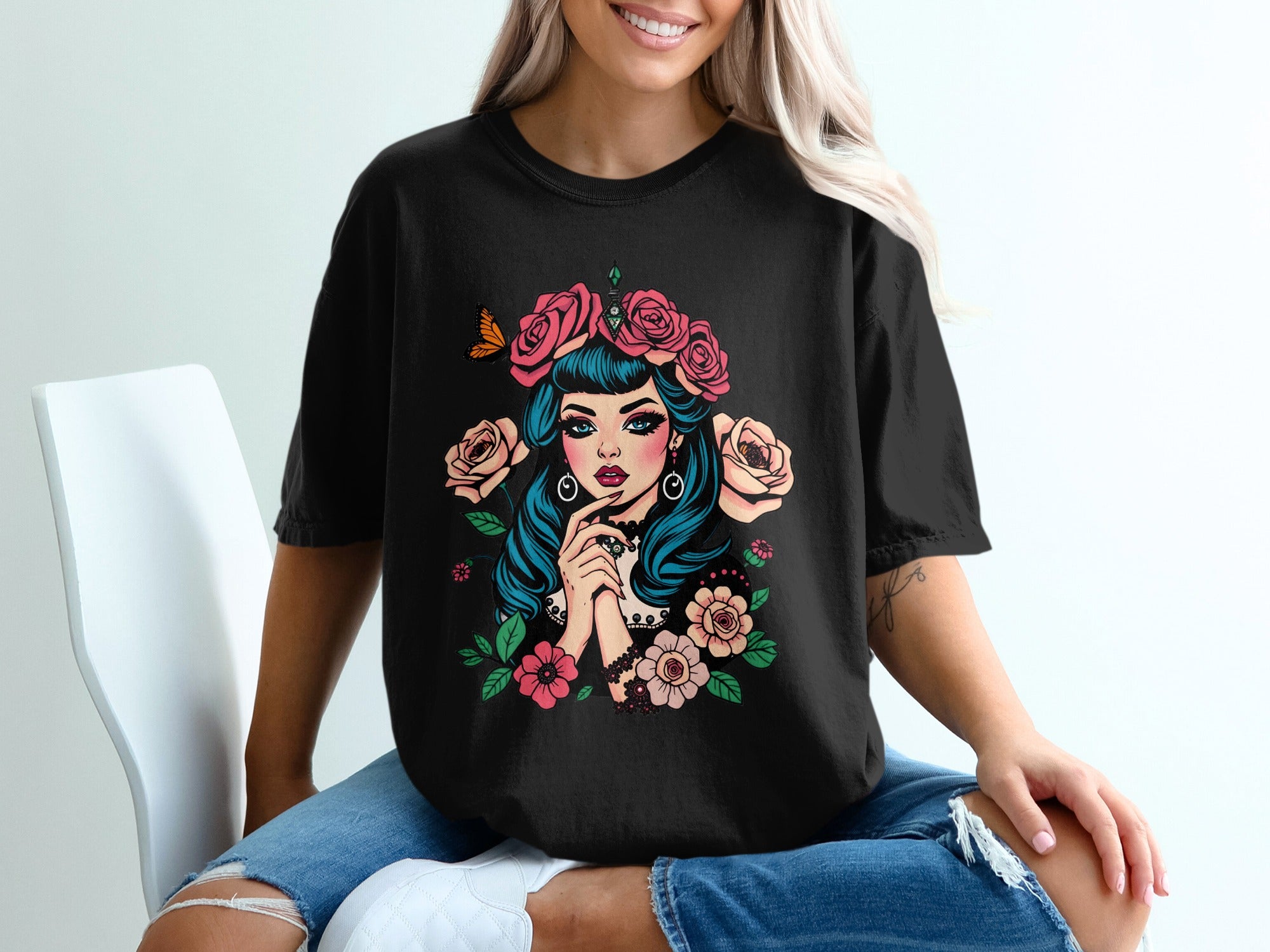 Colorful Floral Pop Art Woman Black T-shirt