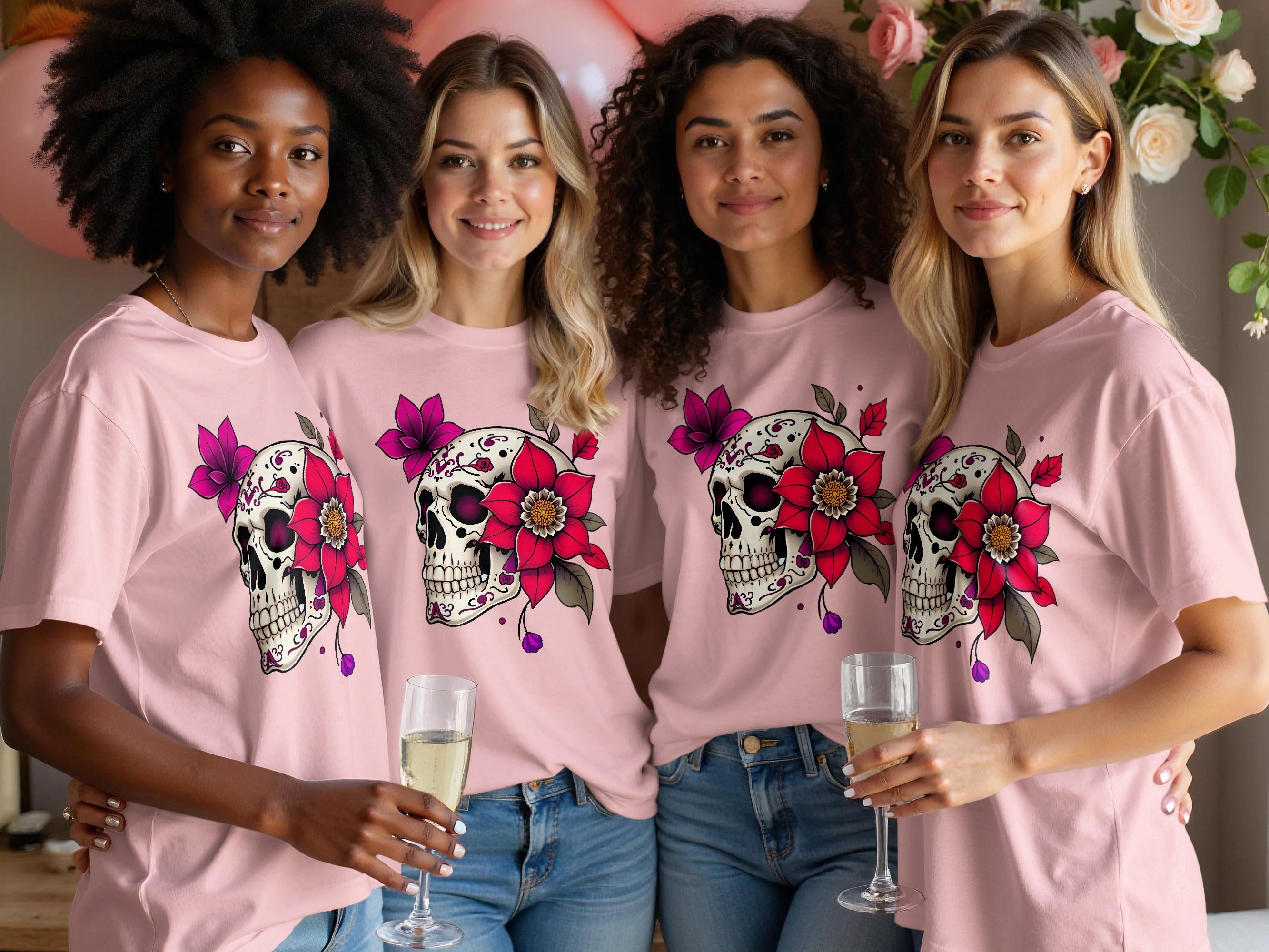 Pink T-Shirt with Floral Skull Graphic Design