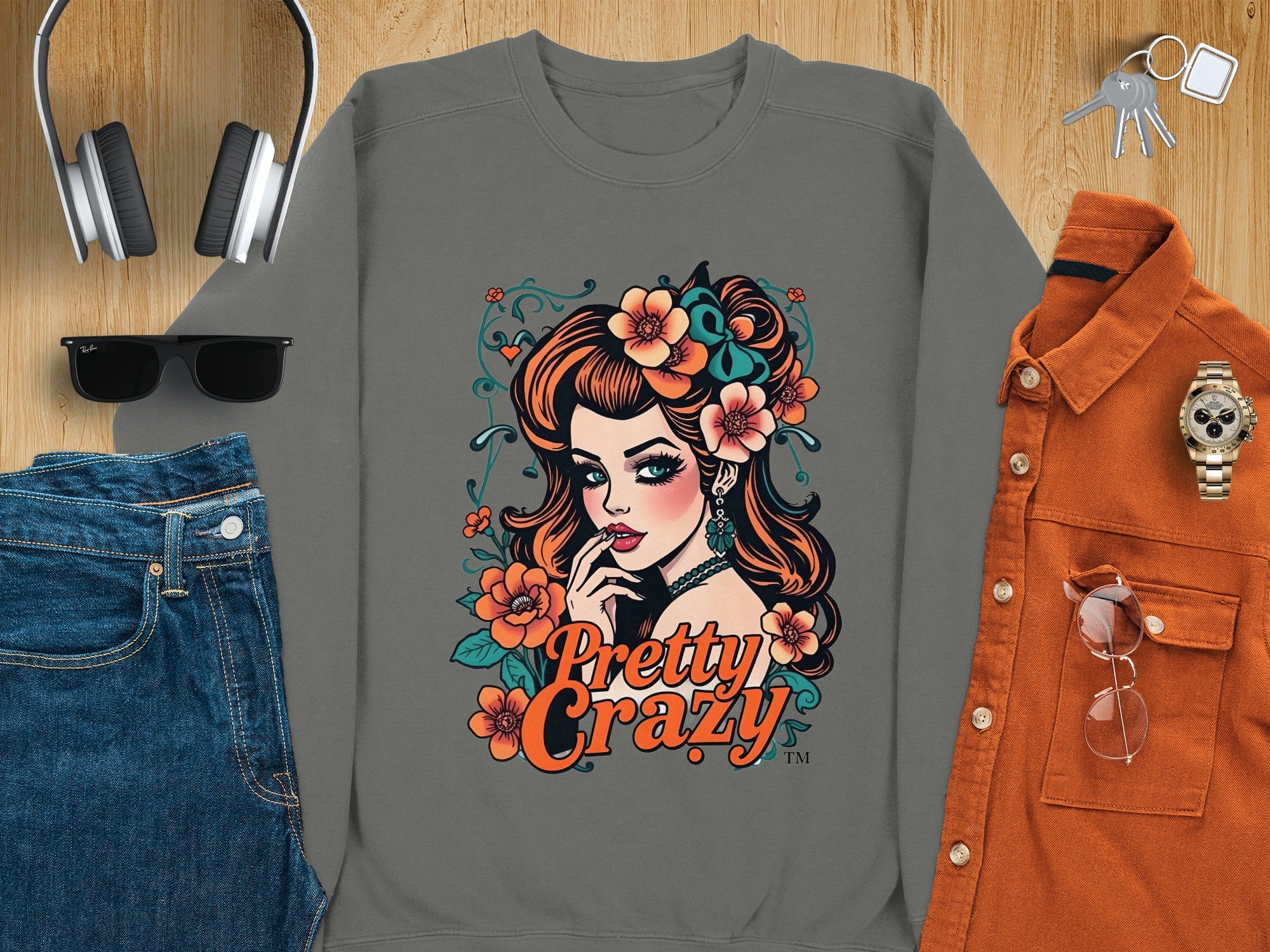 Pretty Crazy Graphic Sweatshirt with Floral Tattoo Design