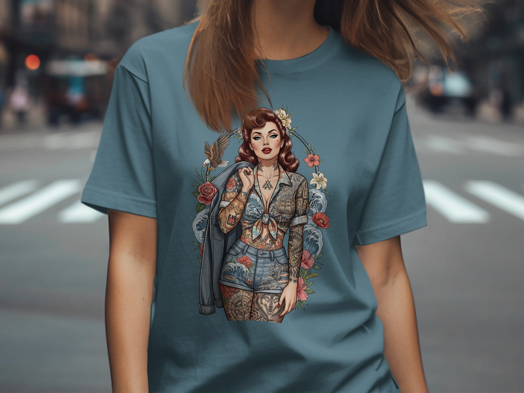 Vintage Pinup Woman Tattoo Art Eagle Floral Waves T-shirt product type