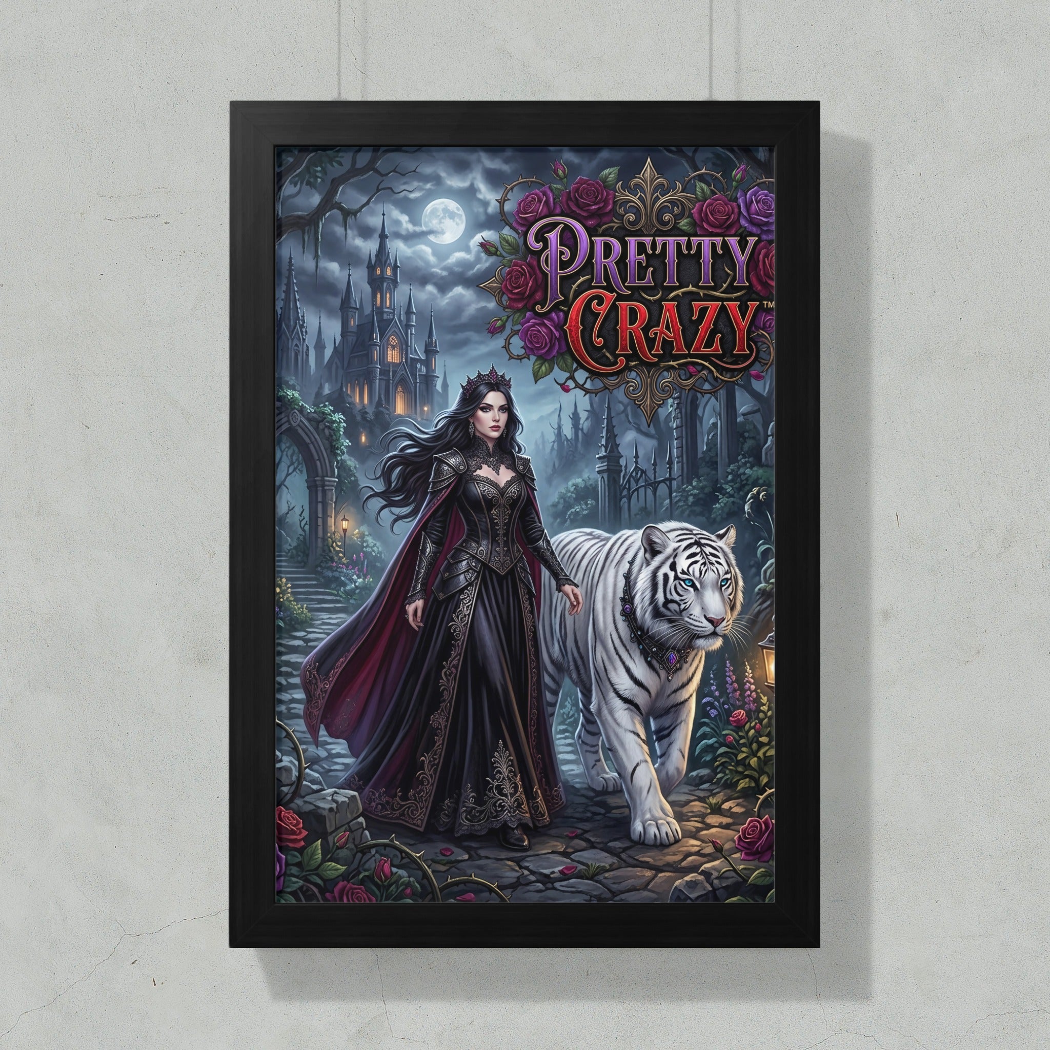 Woman in dark gown with white tiger in moonlit gothic setting with "Pretty Crazy" logo.