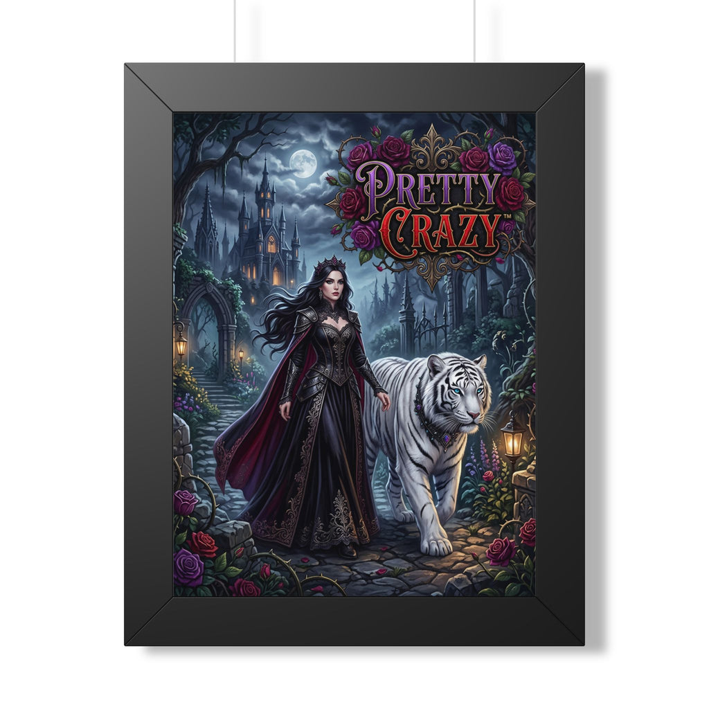Woman in ornate dress with crown and white tiger in spooky castle garden.