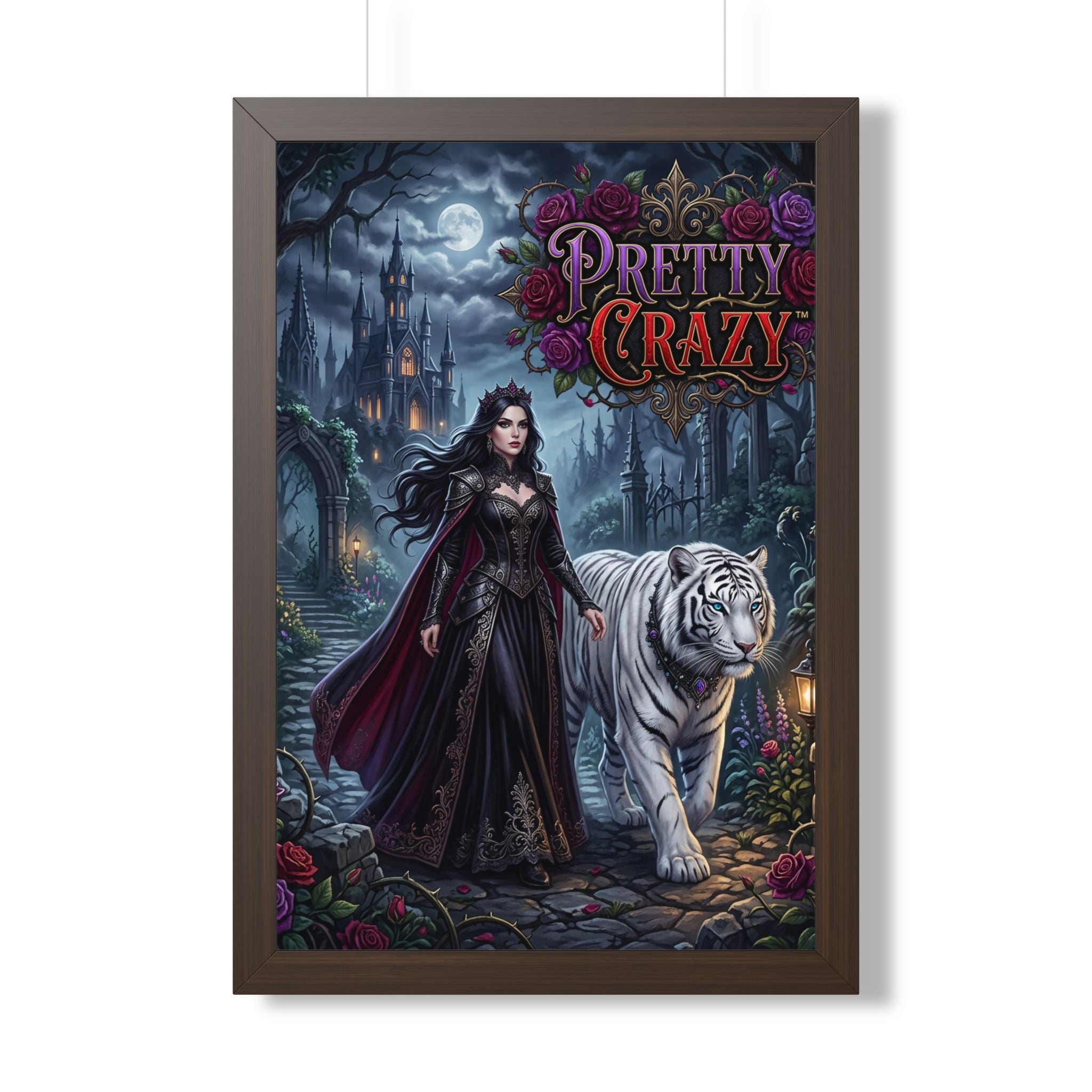 Woman in gothic dress with white tiger in a dark fantasy castle garden.
