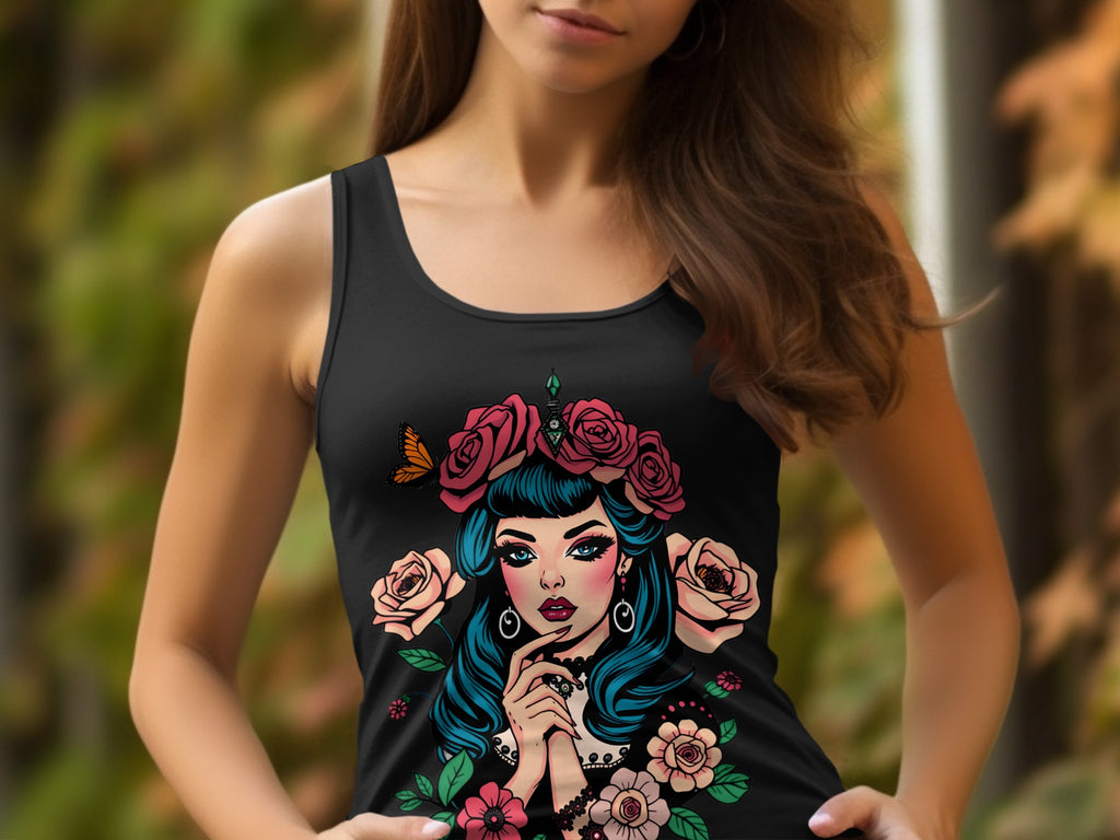 Floral Hair Mysterious Lady Art Graphic Tank Top