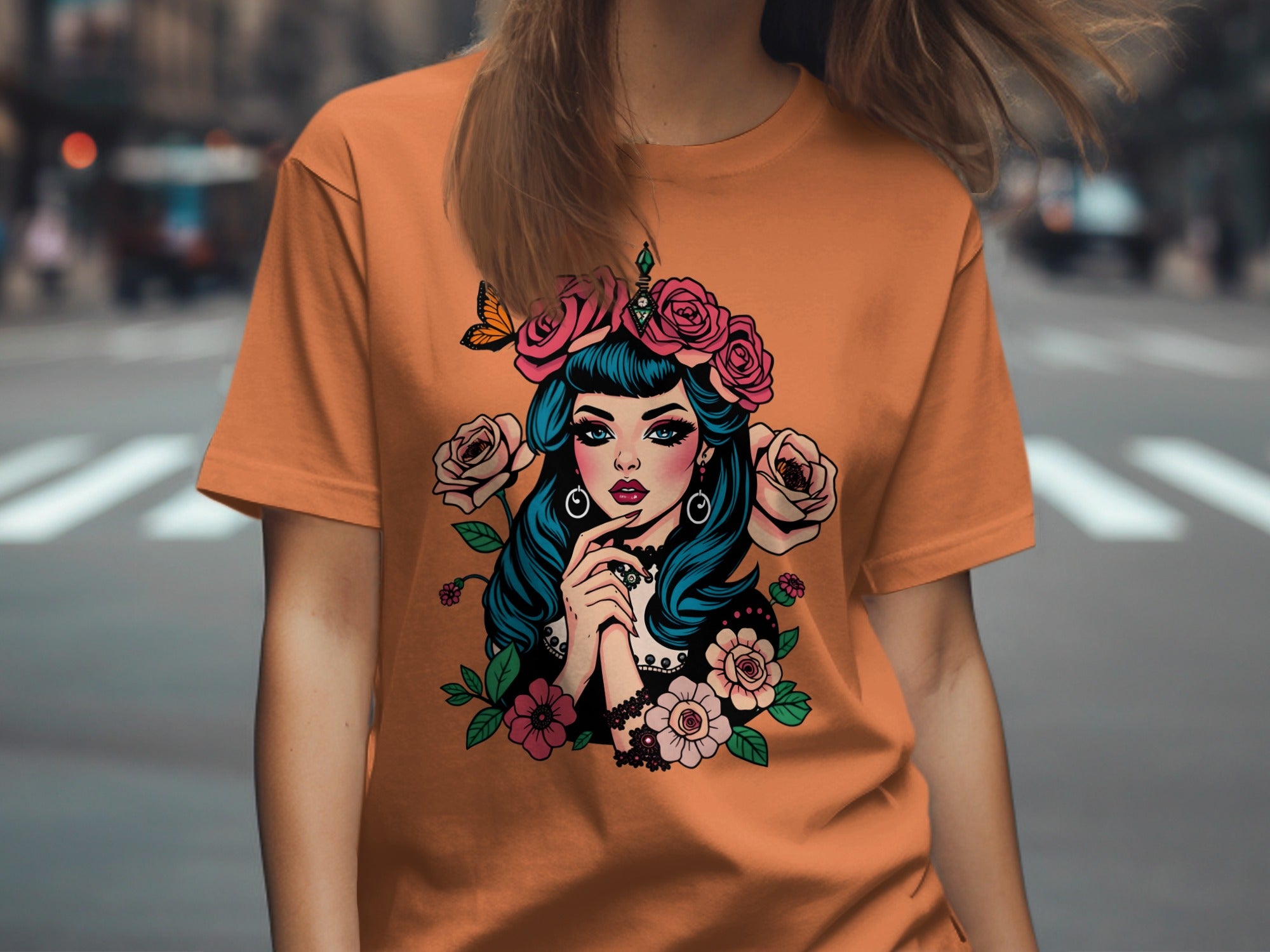 Floral Crown Blue Haired Girl Illustration T-Shirt
