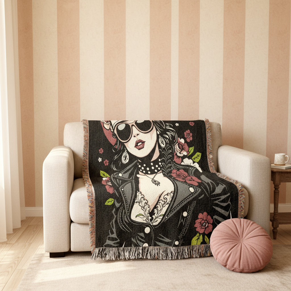 Rockstar Woman in Sunglasses and Flowers Blanket