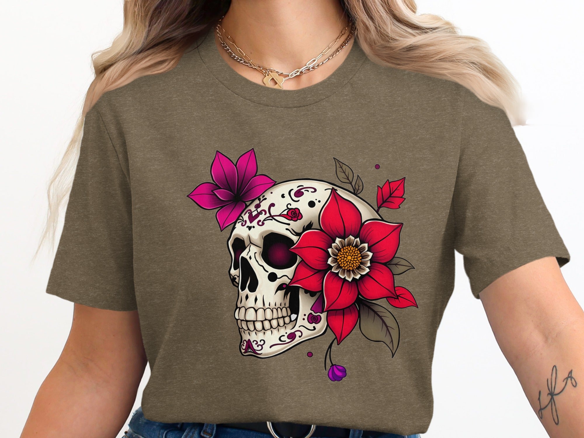 Floral Sugar Skull Graphic Unisex Tee Shirt