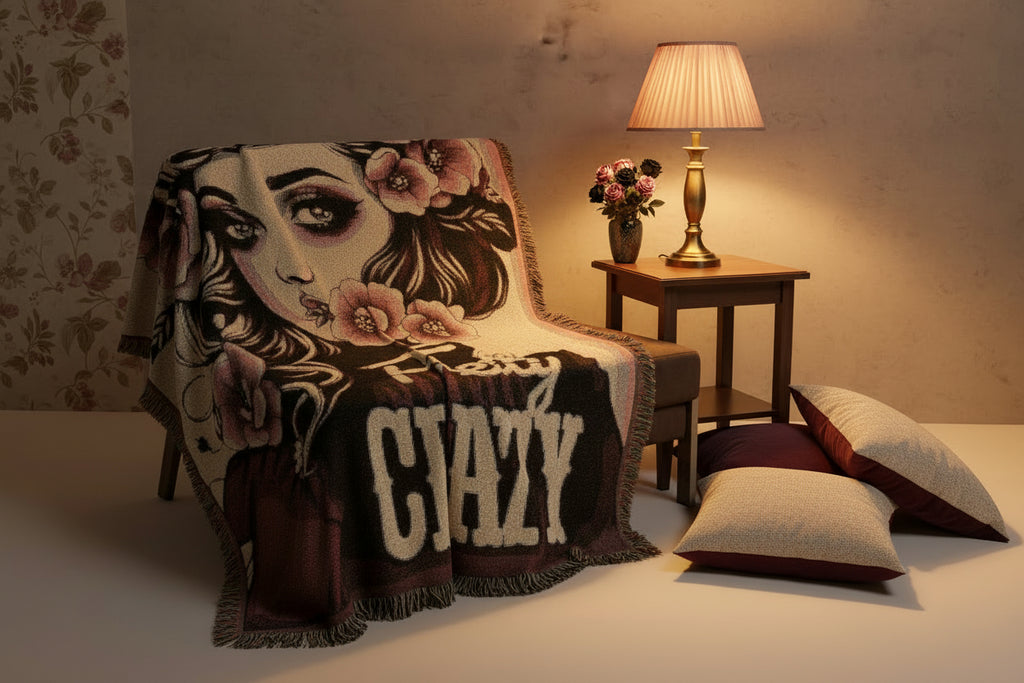 Floral Face Art Crazy Lady Text Design Blanket