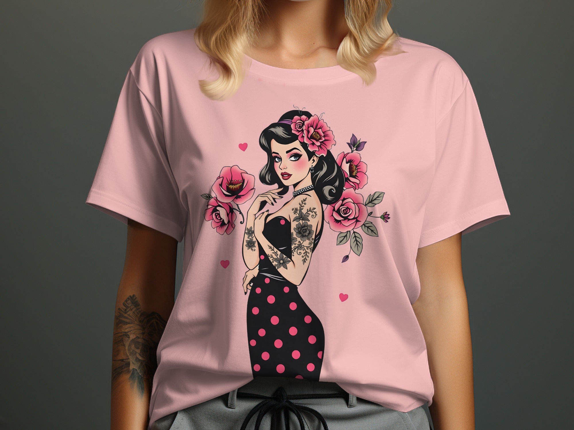 Vintage Tattooed Lady Graphic Tee Shirt with Roses