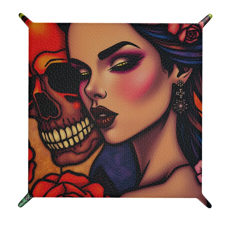 Leather Trinket Tray, Red Skull and Beauty Art Trinket Holder