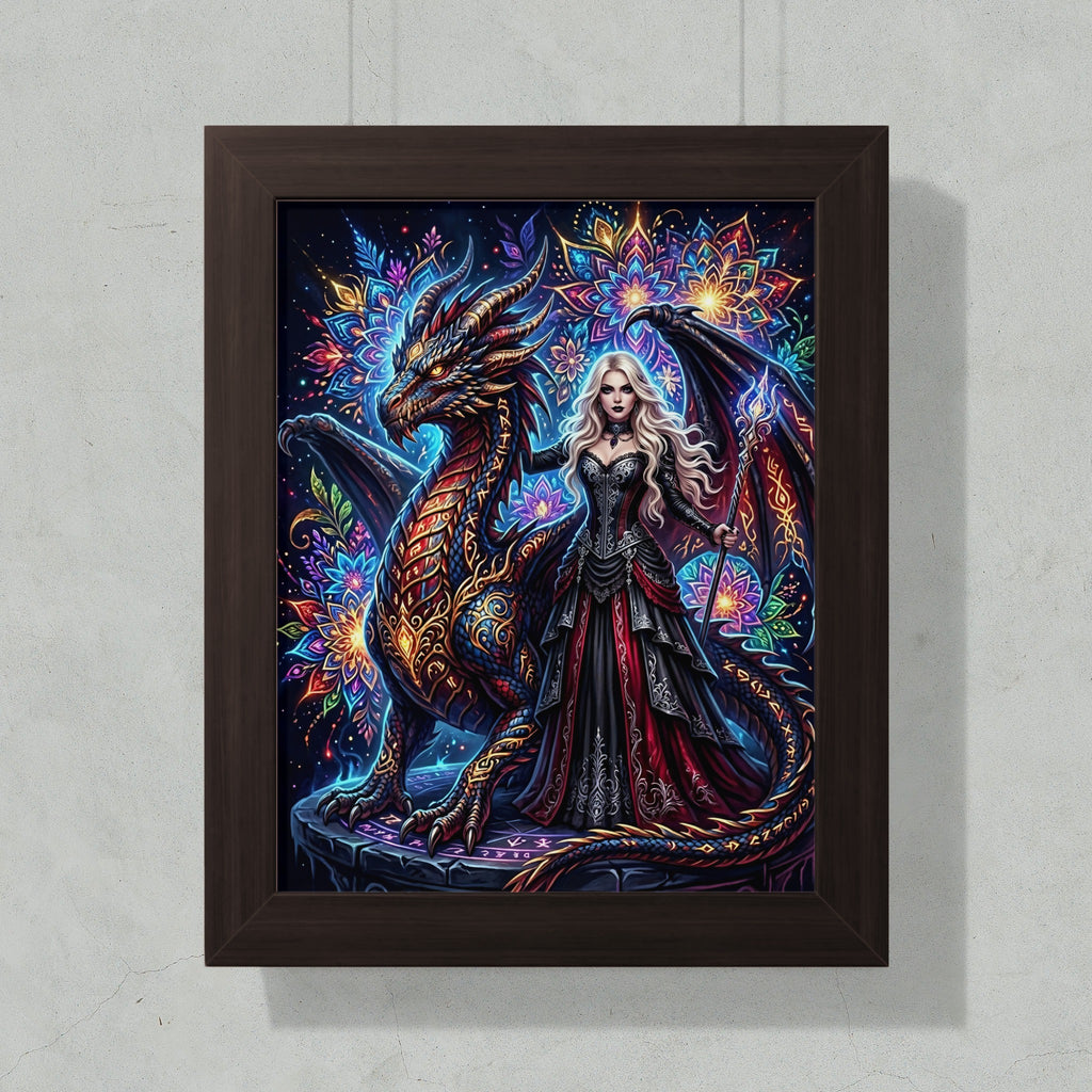 Gothic woman with dragon and ornate mandala background.