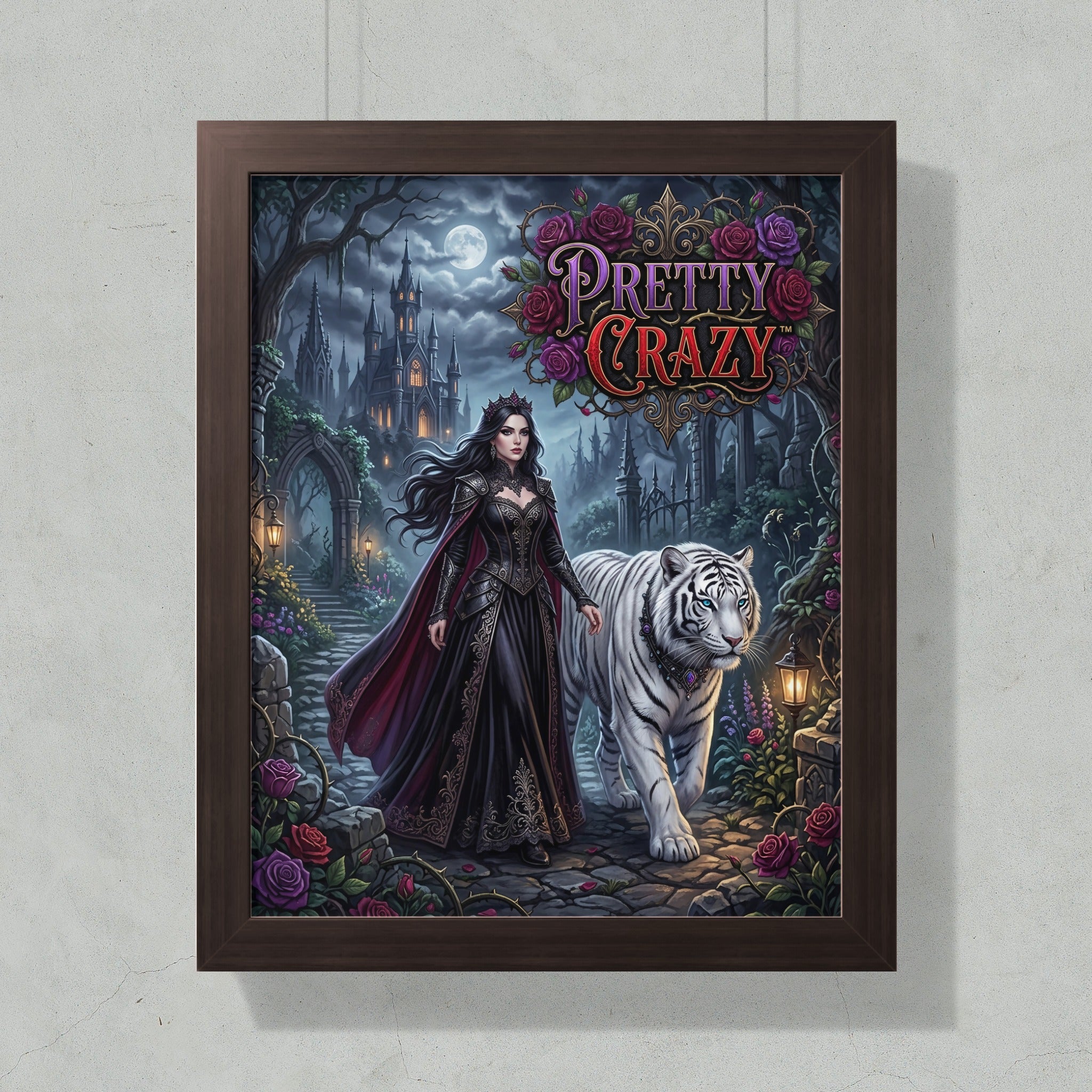 Woman in ornate dress with white tiger in dark fairytale castle garden.