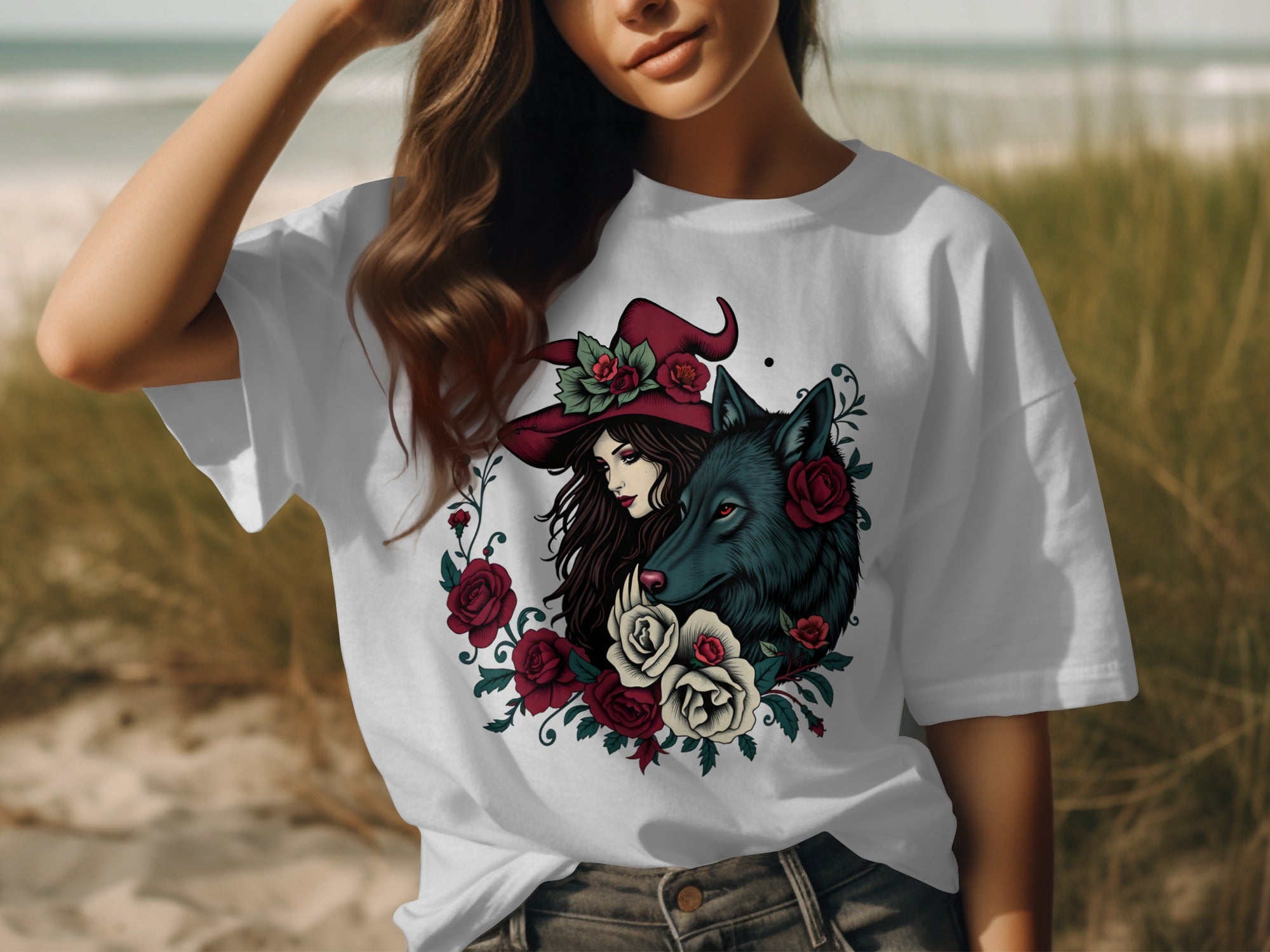 Enchanting Witch and Wolf Roses Print T-Shirt Design