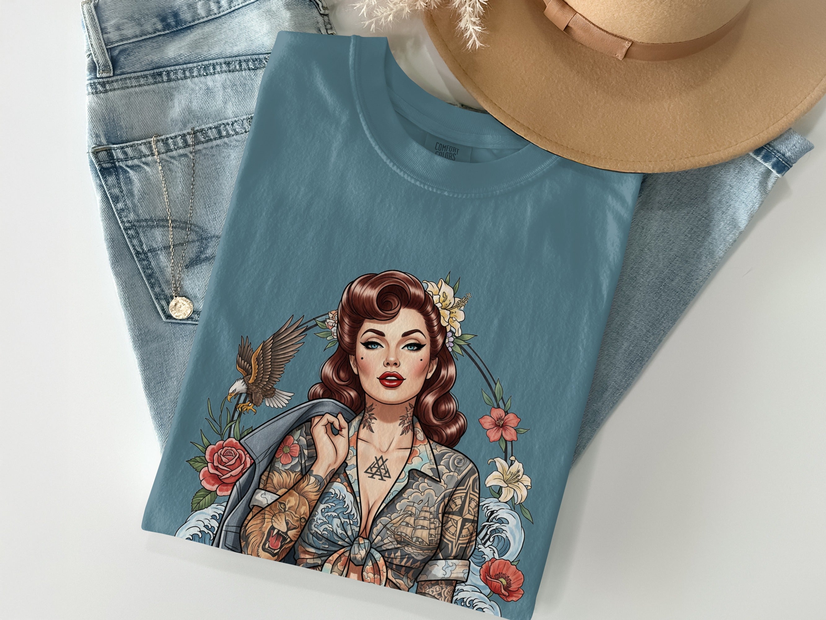 Pinup Girl Tattoo Art Eagle Flowers Ocean Waves T-shirt product type
Pinup Girl
Tattoo Art
Vintage Style
Retro Fashion
Eagle Design
Floral Print
Ocean Waves
Lion Tattoo
Ship Tattoo
Valknut Symbol
Graphic Tee
Women's Apparel
Unique Design
Artistic Shirt
Bold Print
Rockabilly Look
Mythological Art
Norse Symbol
Pinup Fashion
Pop Art Style