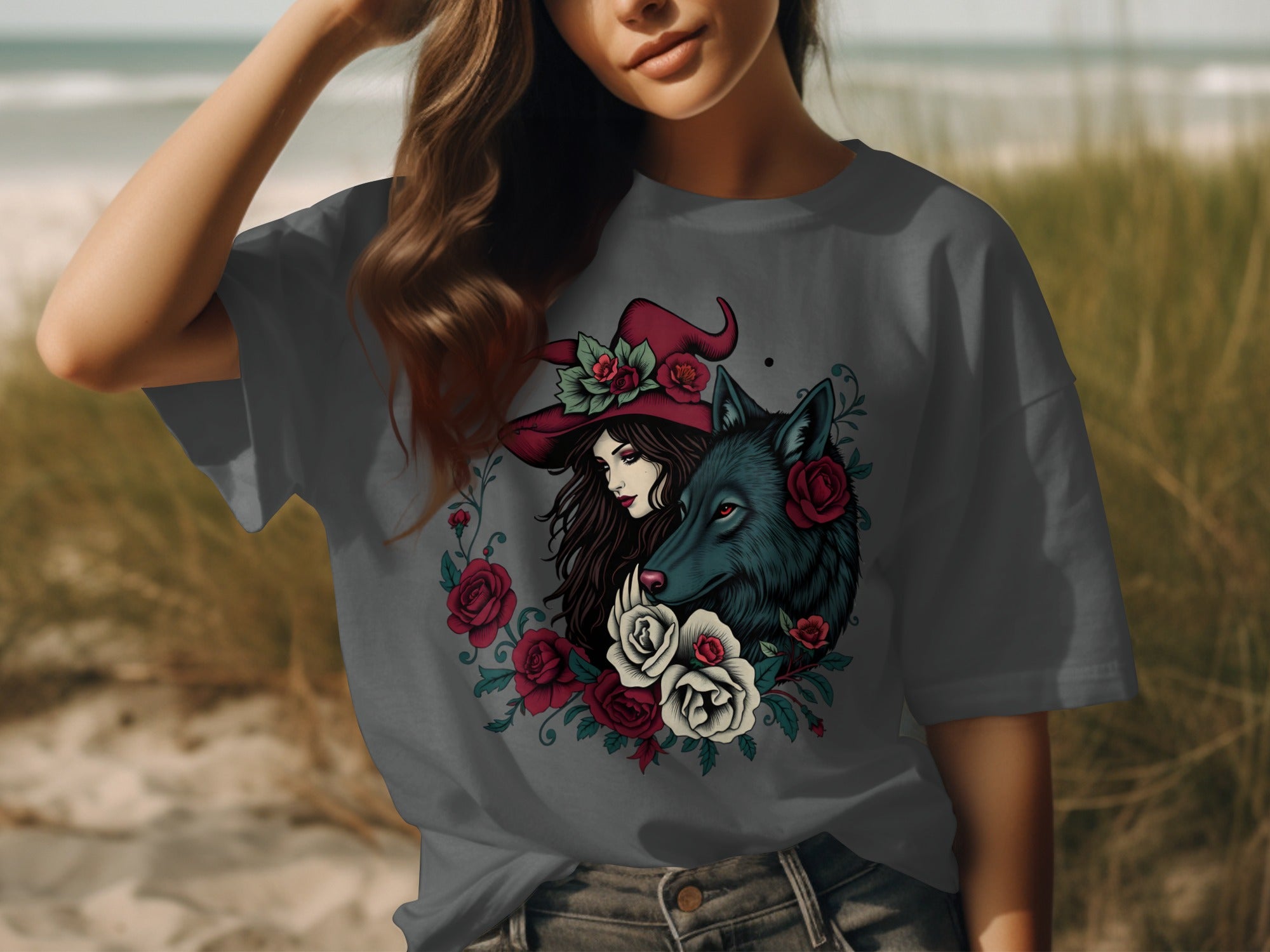 Enchanting Witch and Wolf Floral Artwork T-Shirt