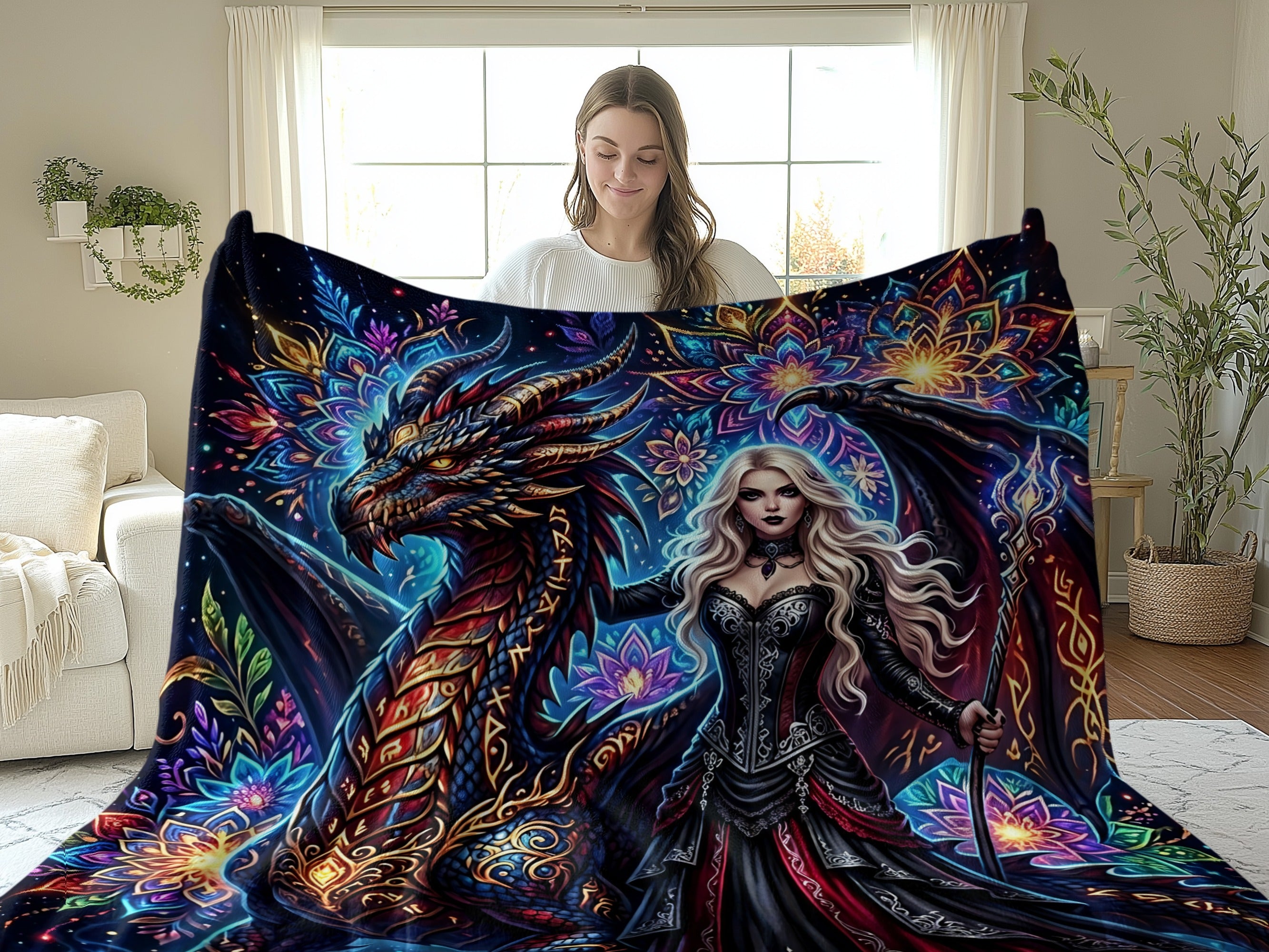Dragon and woman adorned with ornate fantasy art, spread across a blanket.
