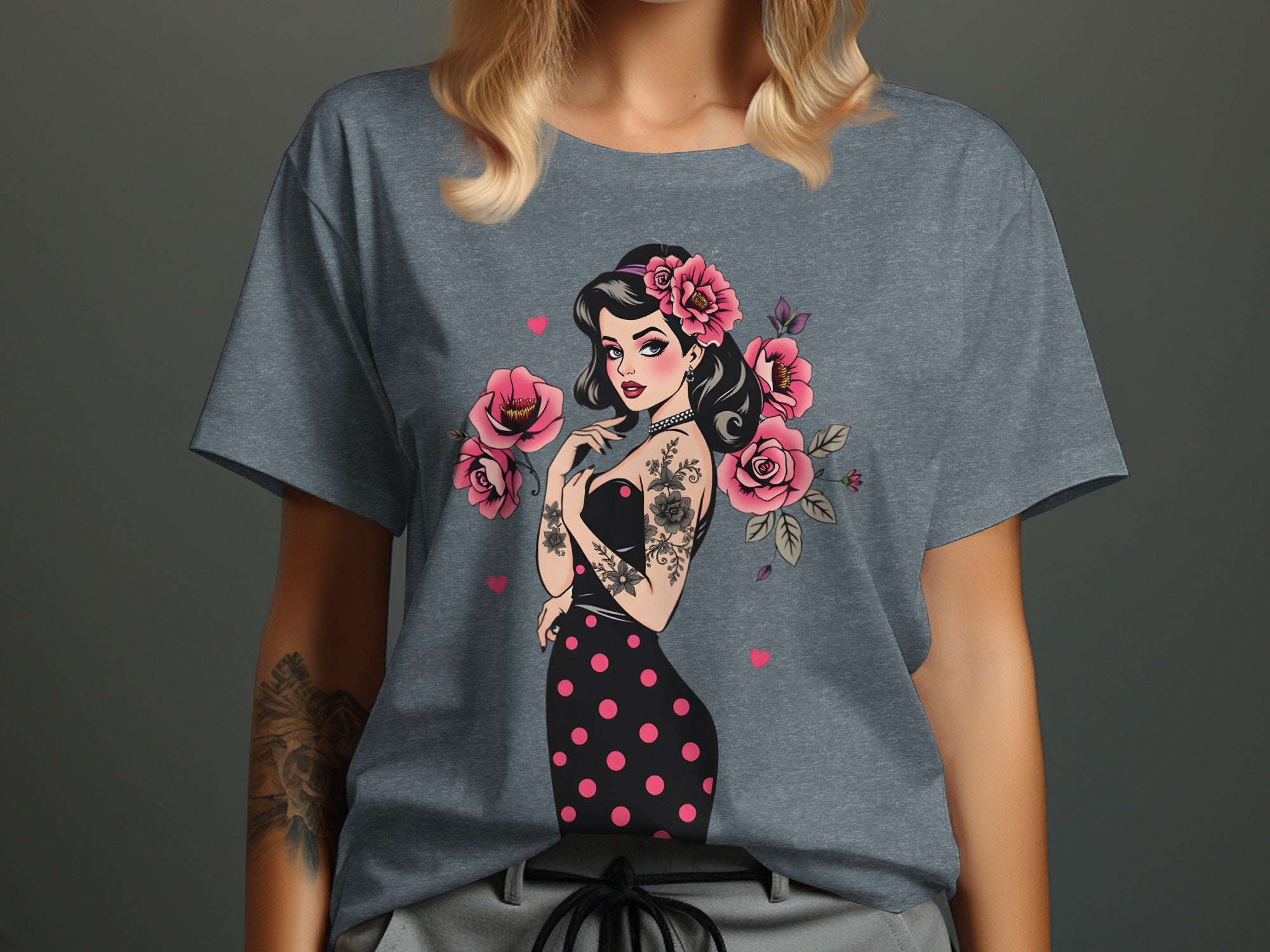 Vintage Pin-Up Girl with Roses Graphic T-shirt