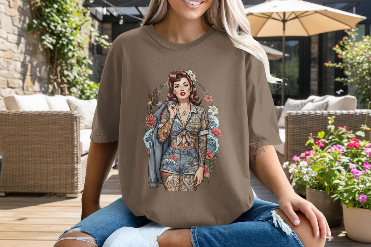 Pinup Woman Tattoo Art Flowers Waves Eagle product type