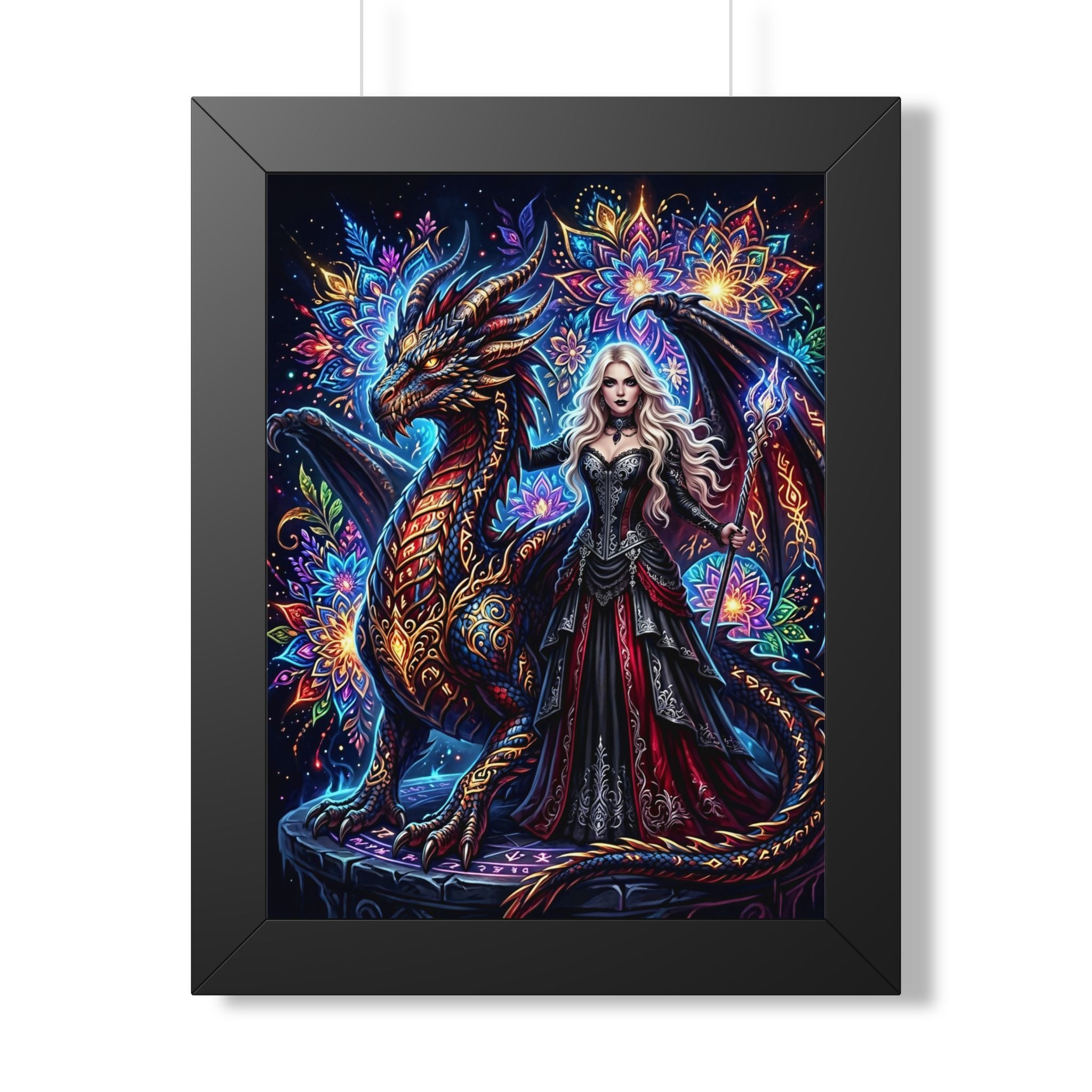 Woman in gothic dress with dragon and colorful ornate background.