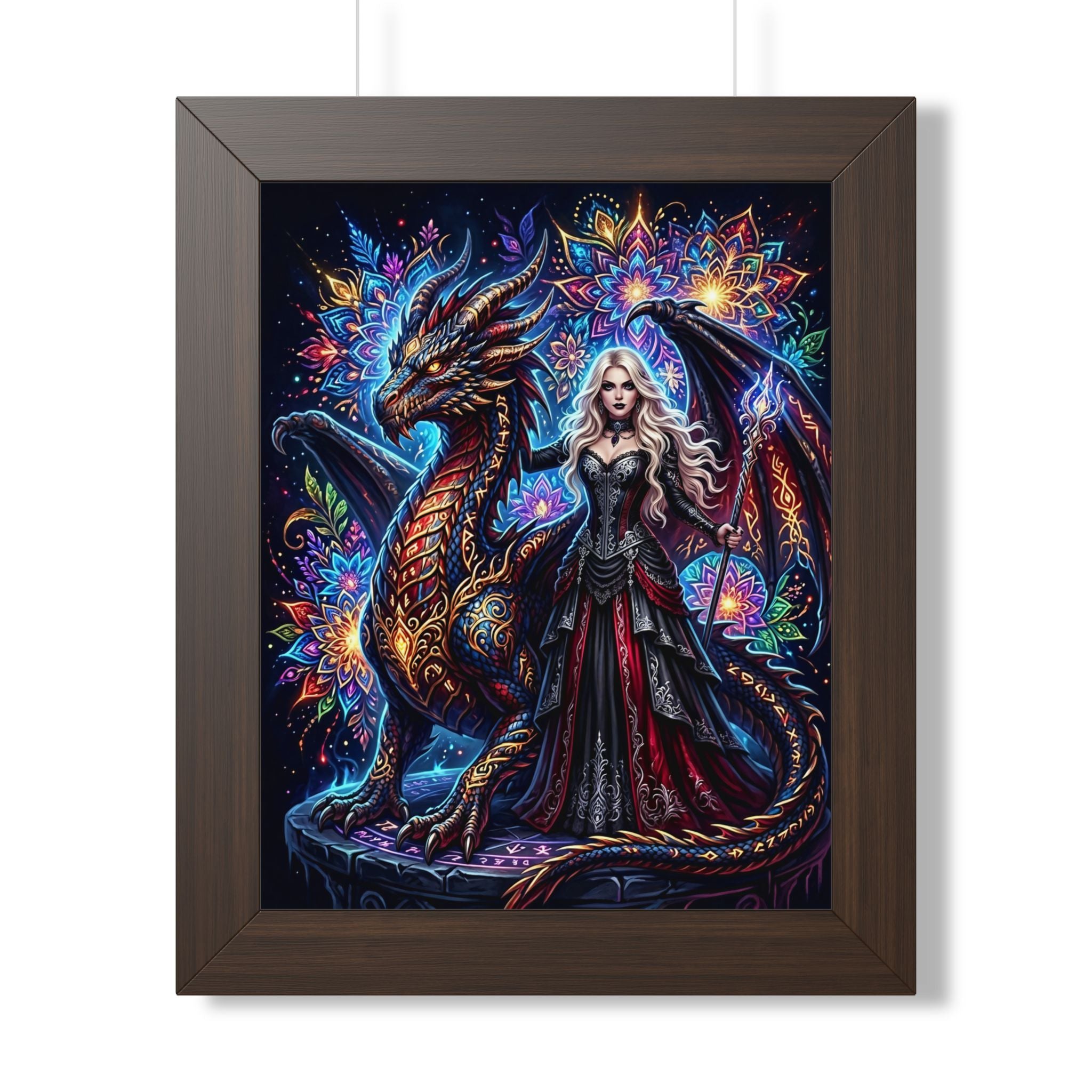 Woman in ornate dress with dragon, colorful mandala background.