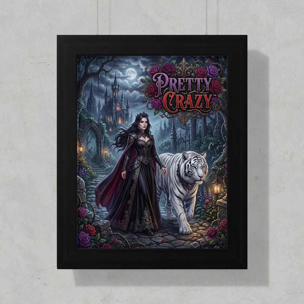 Woman in dark dress walks with white tiger in gothic castle garden.