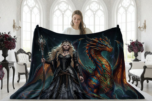 Fantasy queen with staff beside a colorful, detailed dragon on a dark background.