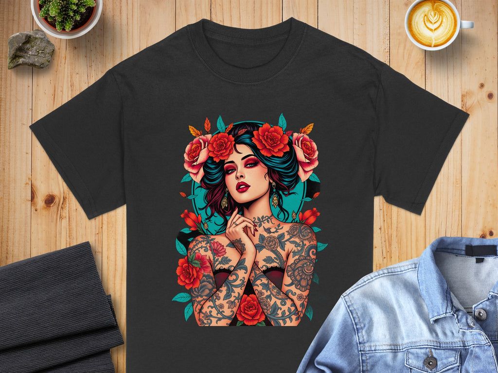Vibrant Tattooed Woman with Flowers Graphic T-Shirt