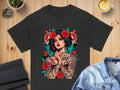 Vibrant Tattooed Woman with Flowers Graphic T-Shirt