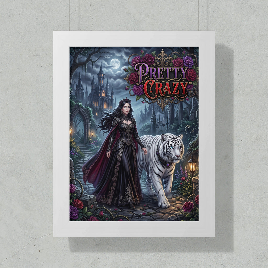 Woman in ornate dress with white tiger in gothic fantasy landscape.