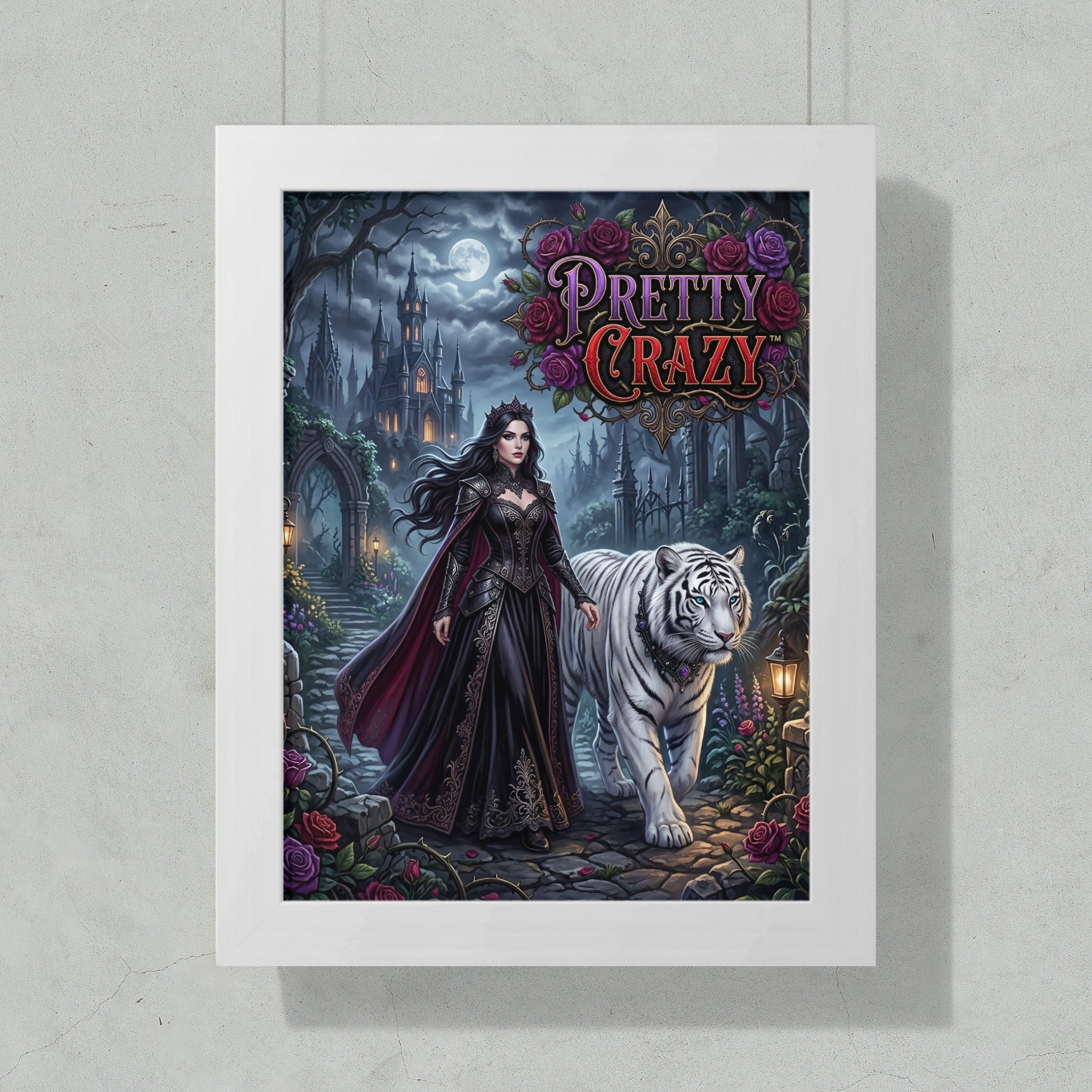 Woman in ornate dress with white tiger in gothic fantasy landscape.