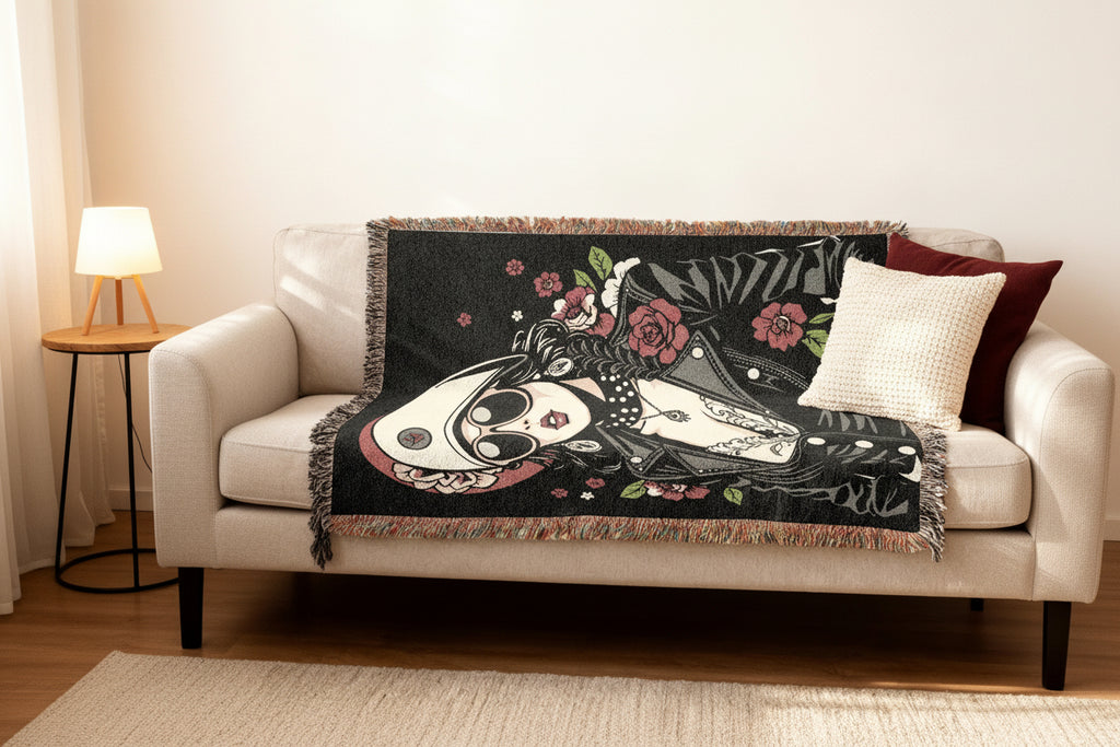 Vintage Rock and Roses Graphic Throw Blanket