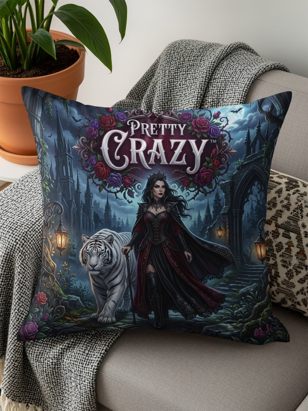 Gothic queen with white tiger in moonlit castle garden, "Pretty Crazy" logo.