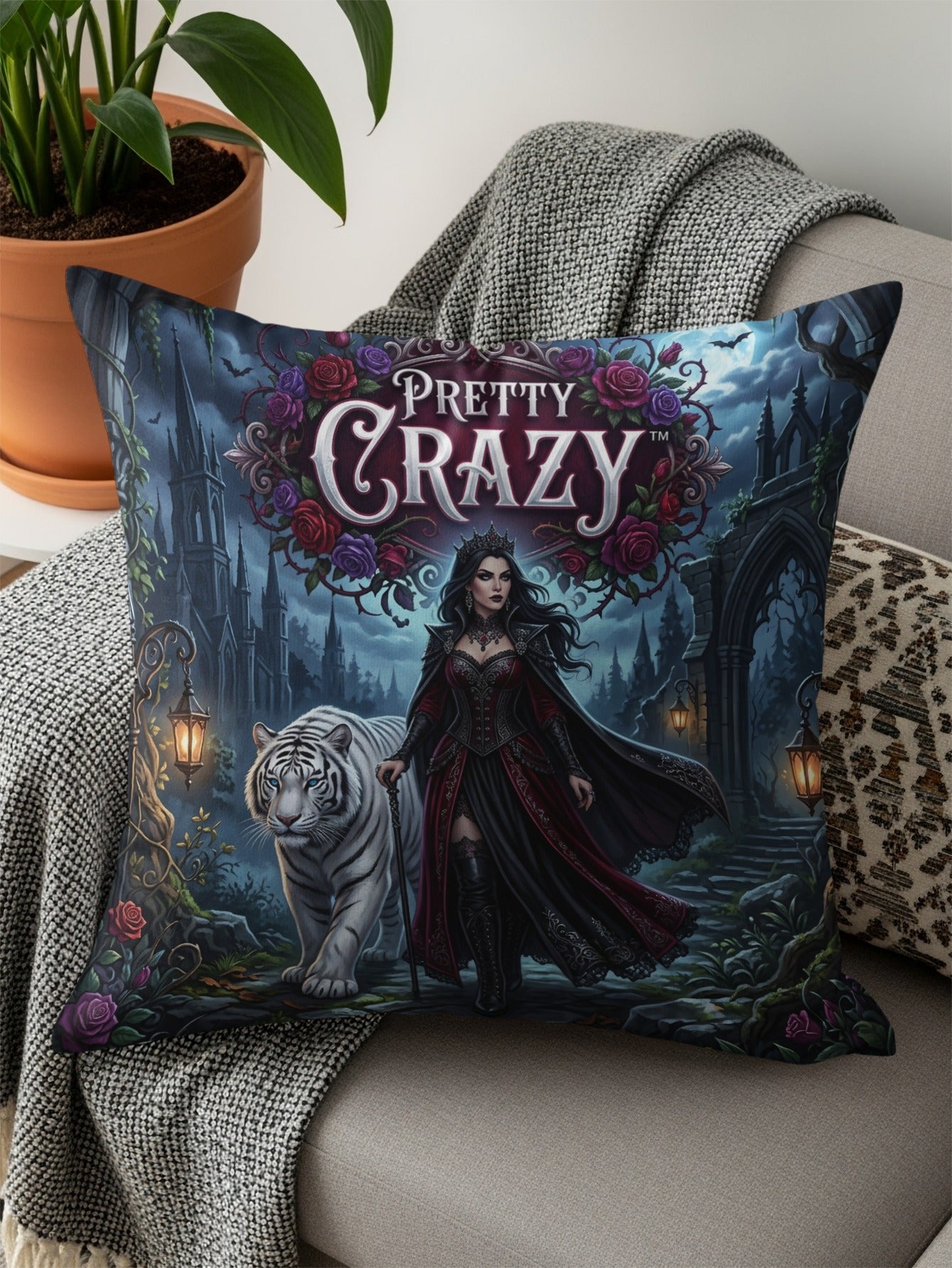 Gothic queen with white tiger in moonlit castle garden, "Pretty Crazy" logo.