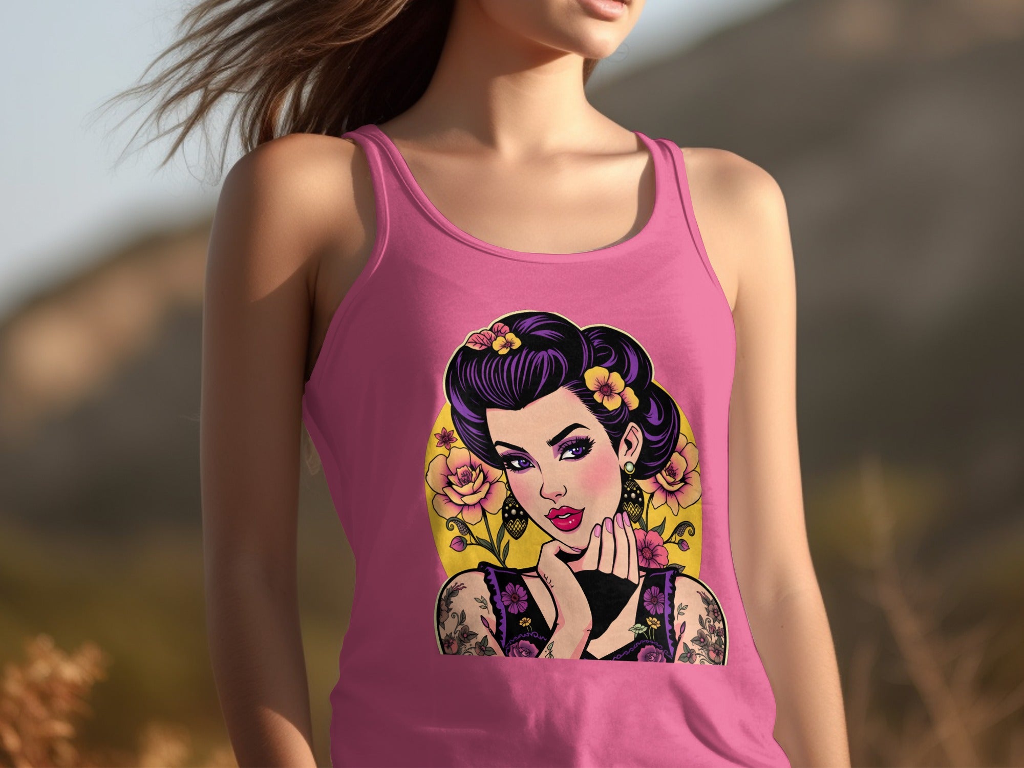 Vibrant Tattooed Woman Graphic Pink Tank product