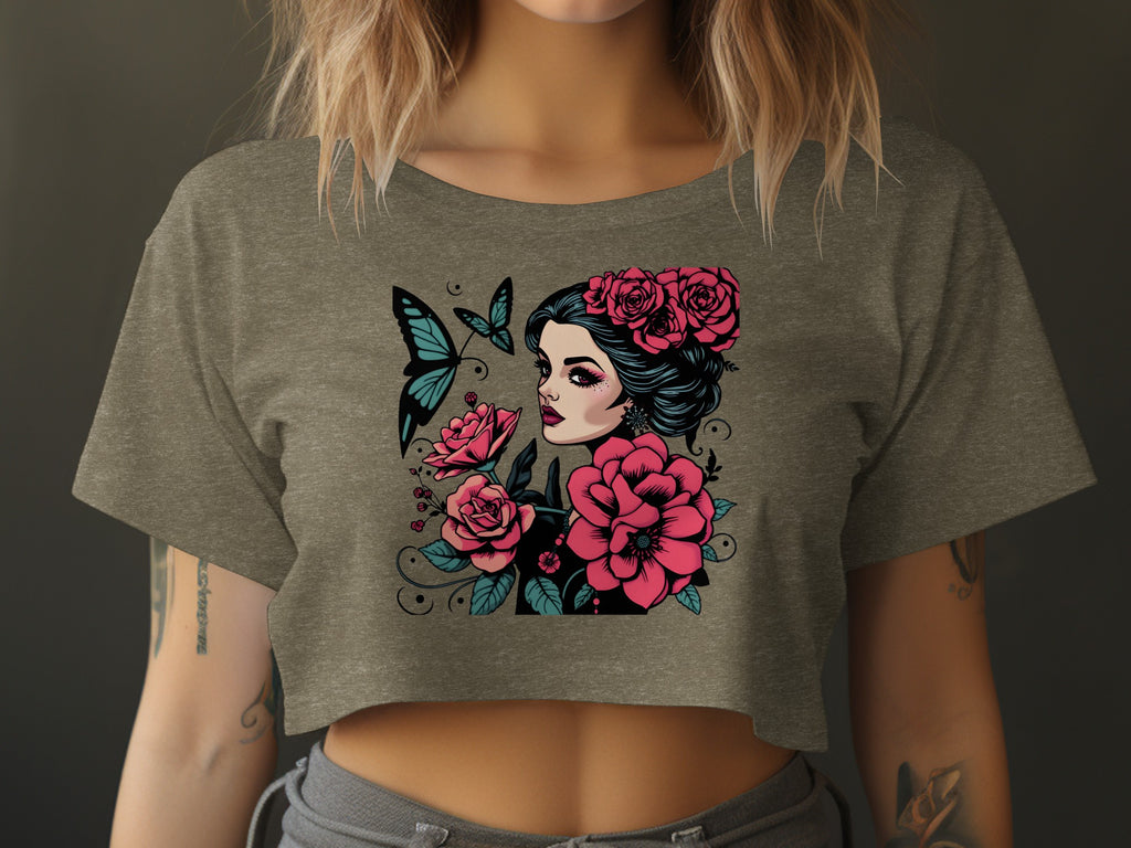 Woman with Flowers and Butterfly Design Crop Top