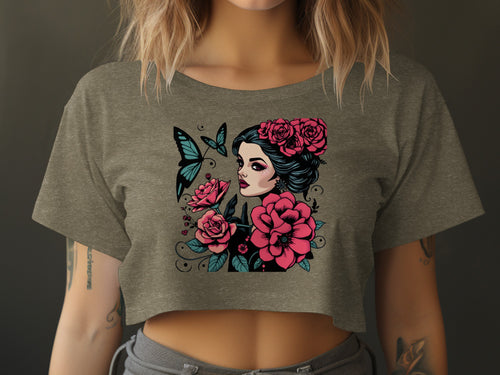Woman with Flowers and Butterfly Design Crop Top
