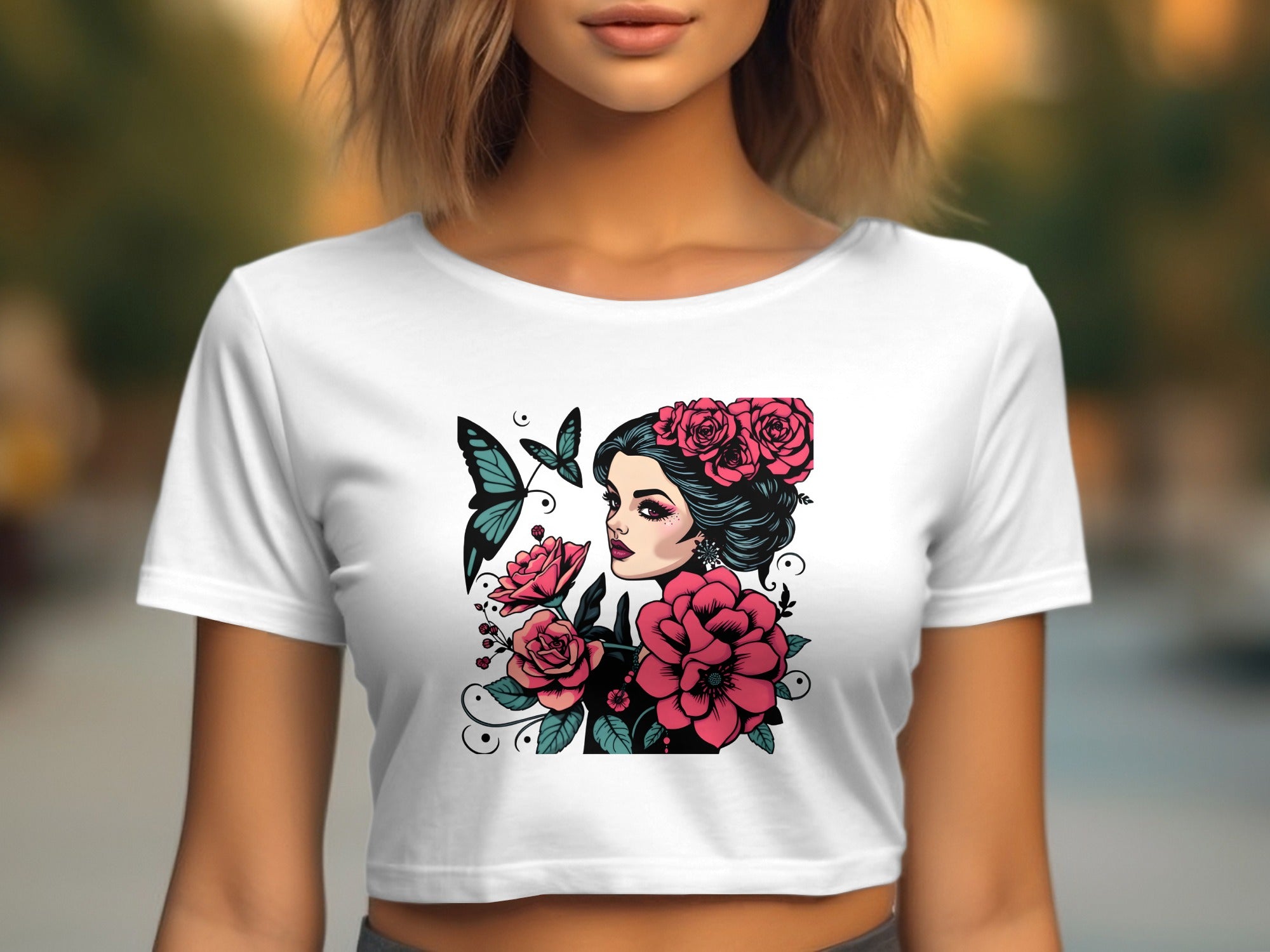 Butterfly and Flowers Graphic Tee for Women Crop Top