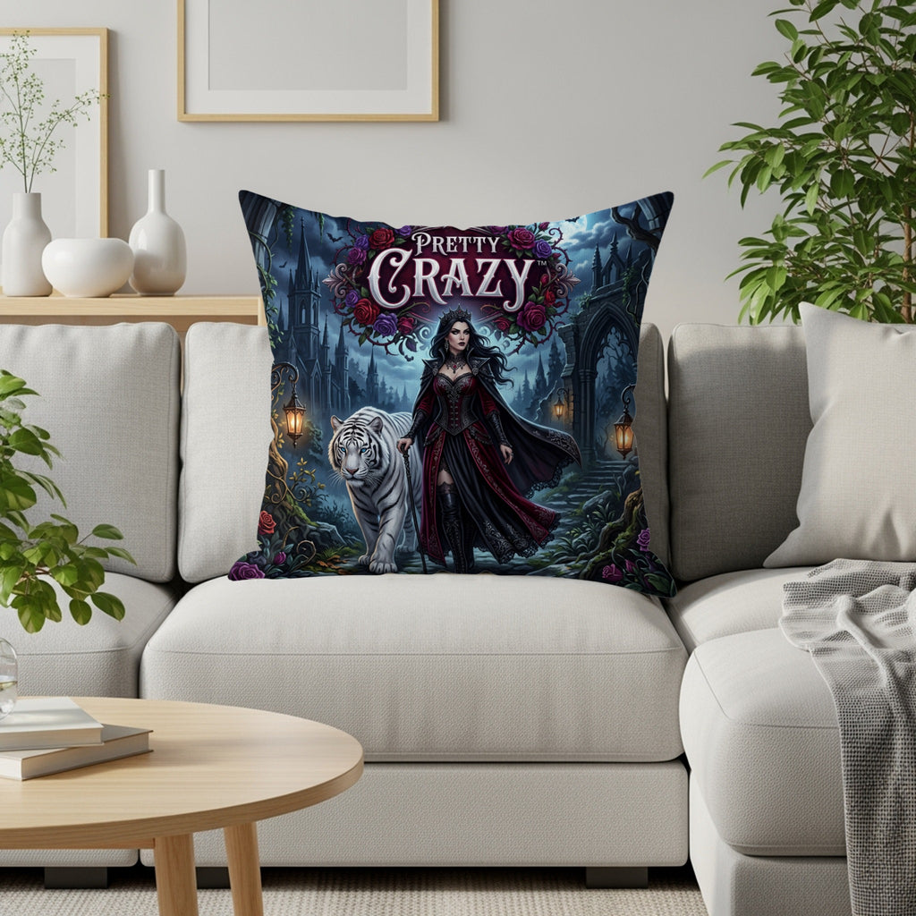 Gothic art cushion with a woman and white tiger in a spooky castle garden.