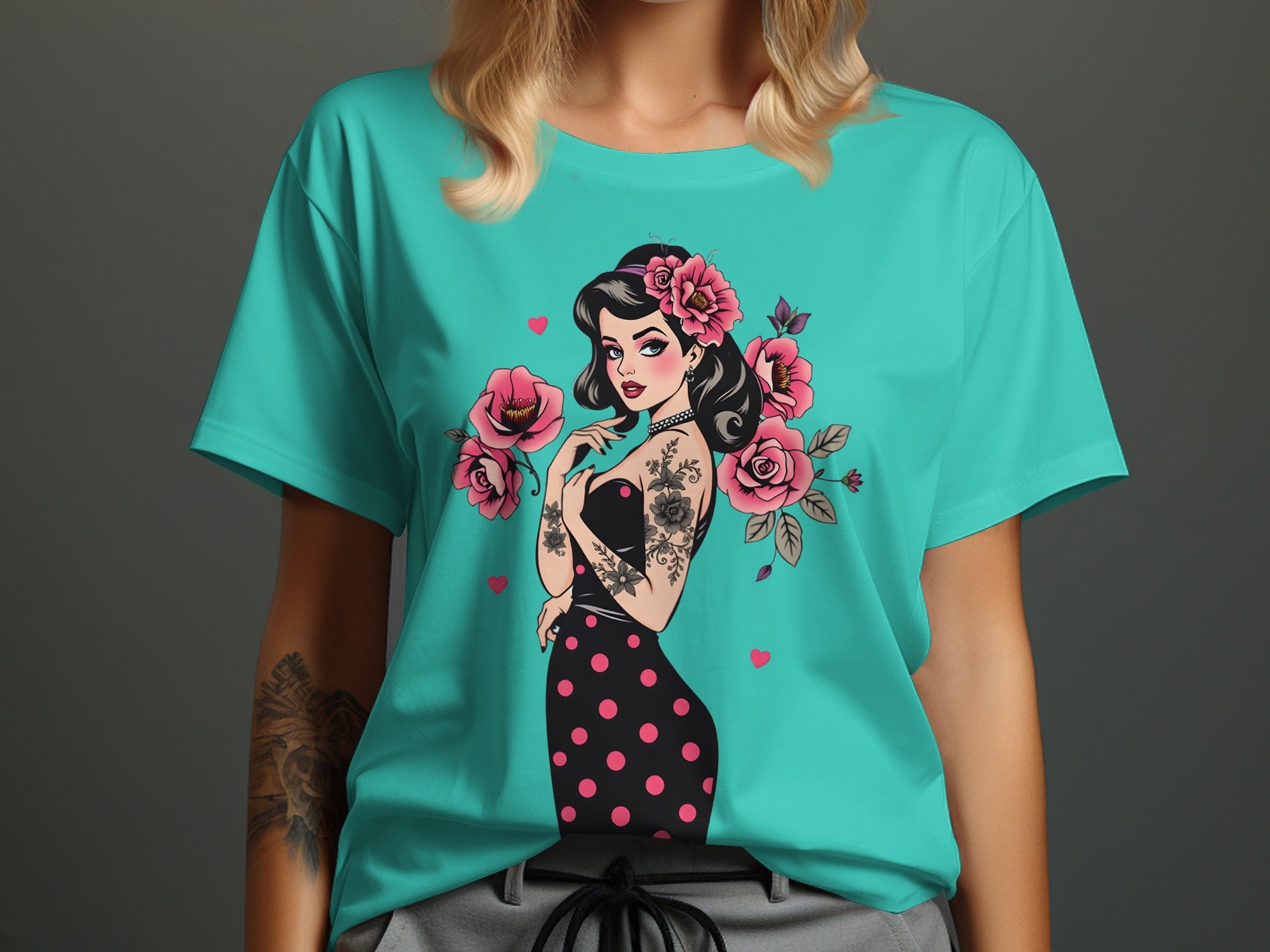 Retro Pin-Up Girl with Roses Graphic Tee Shirt