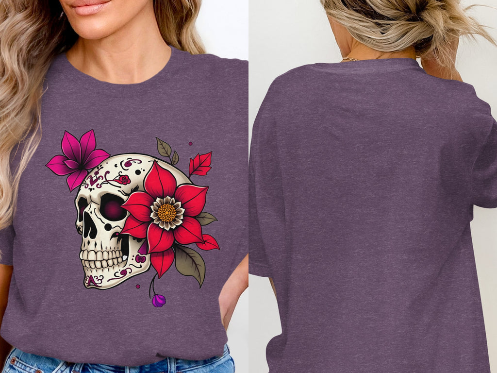 Floral Skull Graphic Design T-Shirt for Women