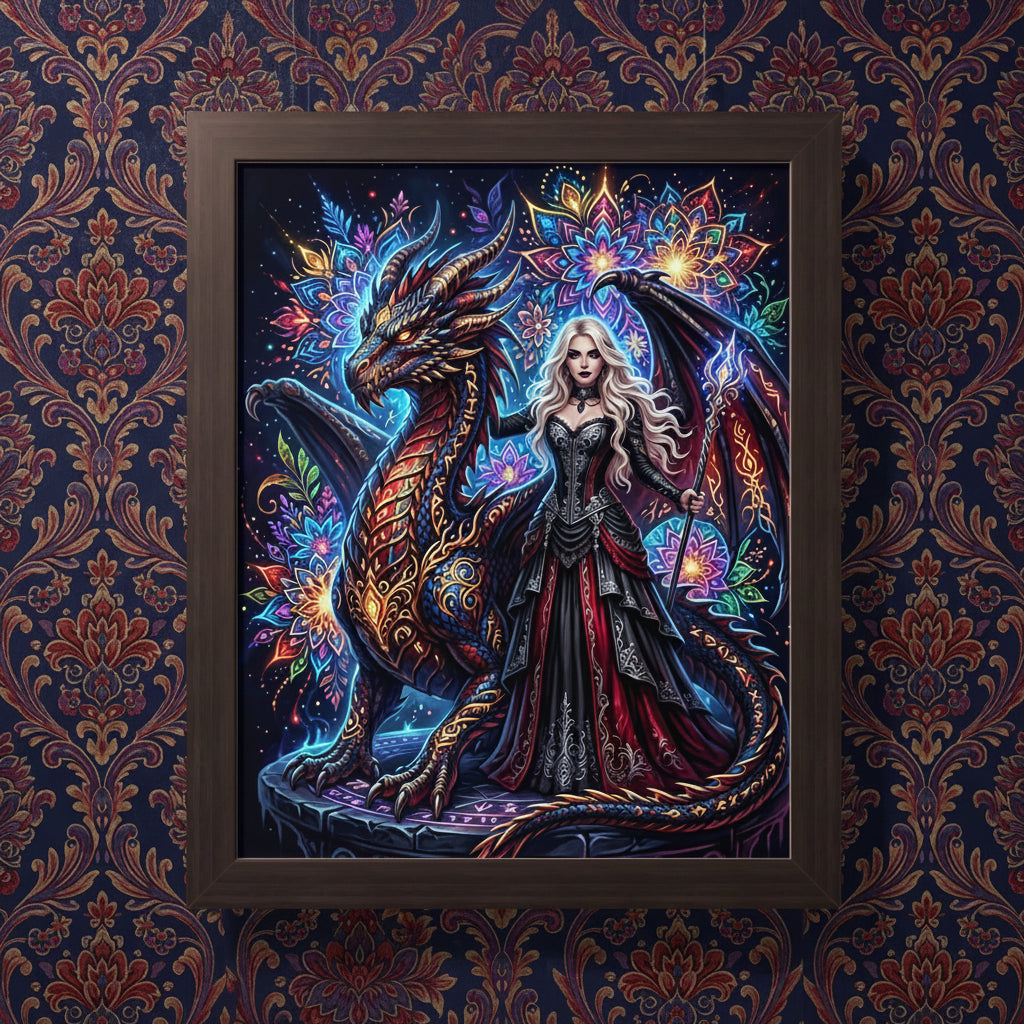 Woman in gothic dress with dragon against colorful mandala background.