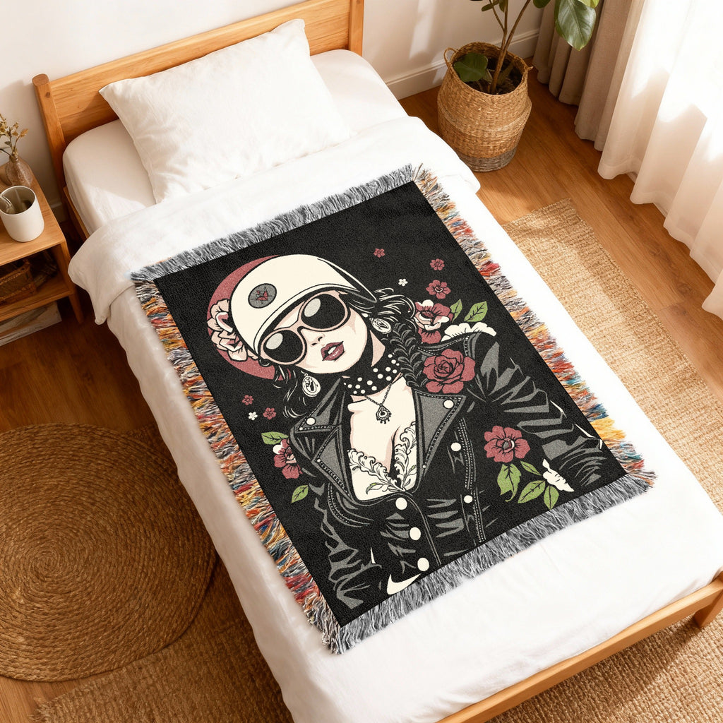 Retro Biker Lady with Sunglasses and Roses Blanket